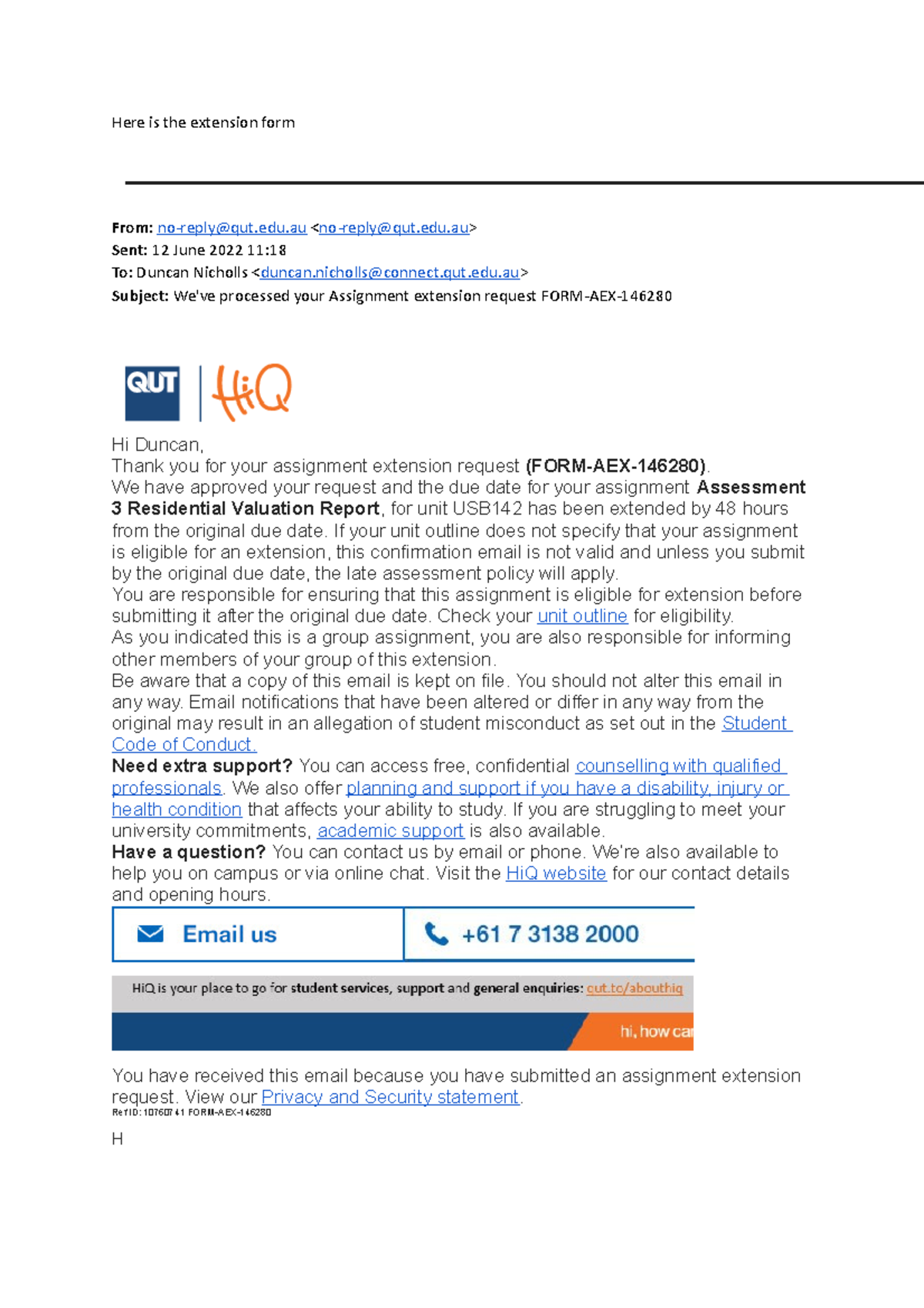 Valuation Instructions Here is the extension form From noreplyqut