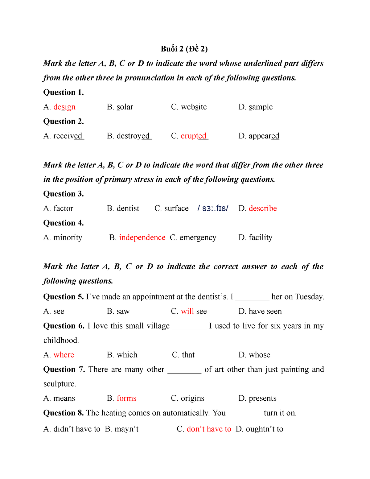 Buổi 2 (2) - Tiếng Anh - Buổi 2 (Đề 2) Mark The Letter A, B, C Or D To ...