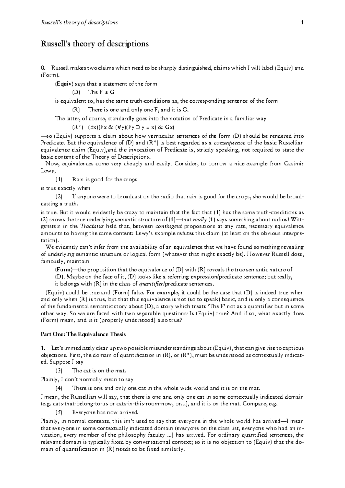 Russell - Russell’s theory of descriptions Russell makes two claims ...