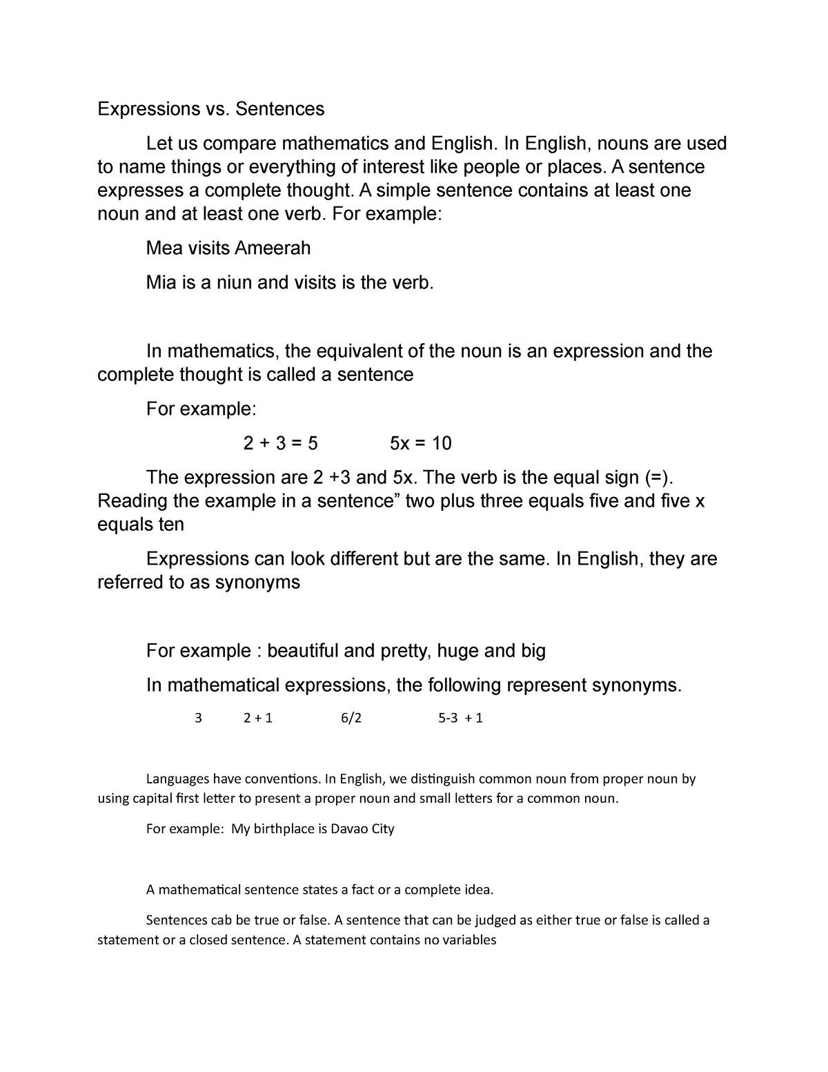 Expressions vs sentences - Expressions vs. Sentences Let us compare ...