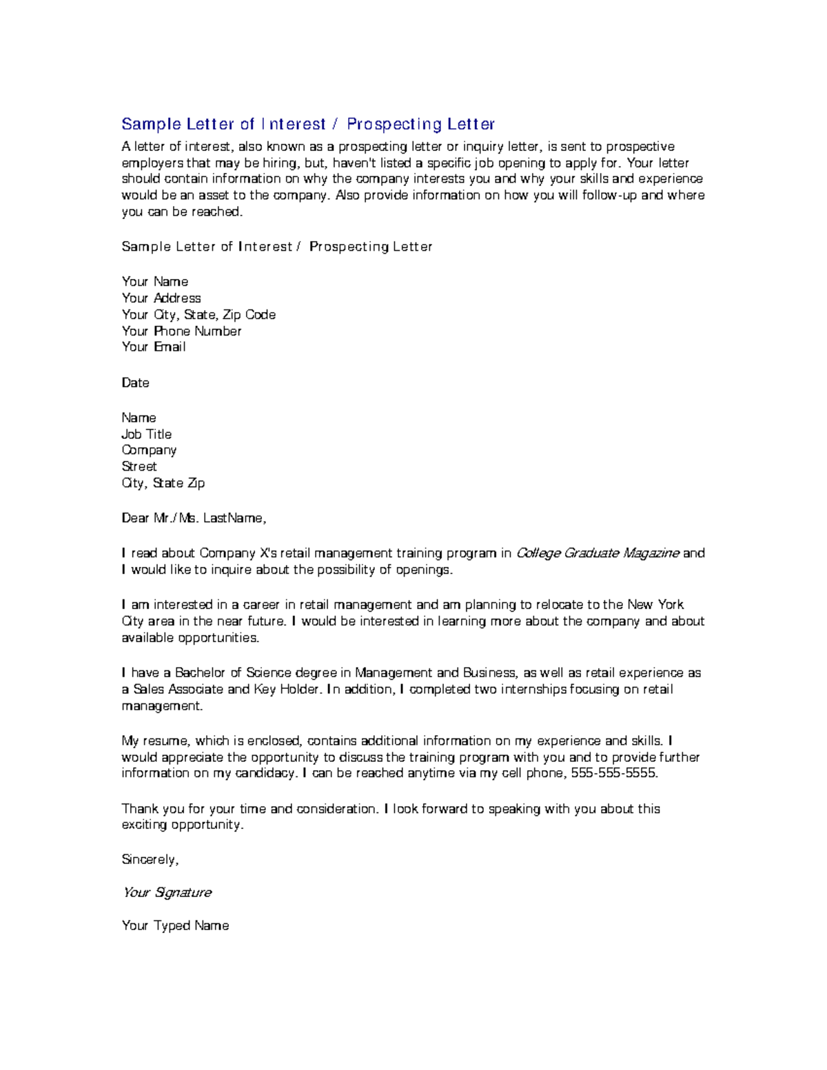Dummy - NA NA NA - Sample Letter of I nterest / Prospecting Letter A ...