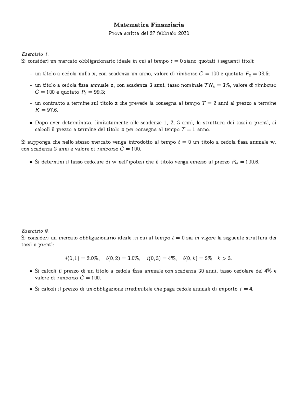 MF 27-02-2018 - Esame Di Matematica Finanziaria (Carlo Mari) 27/02/2020 ...