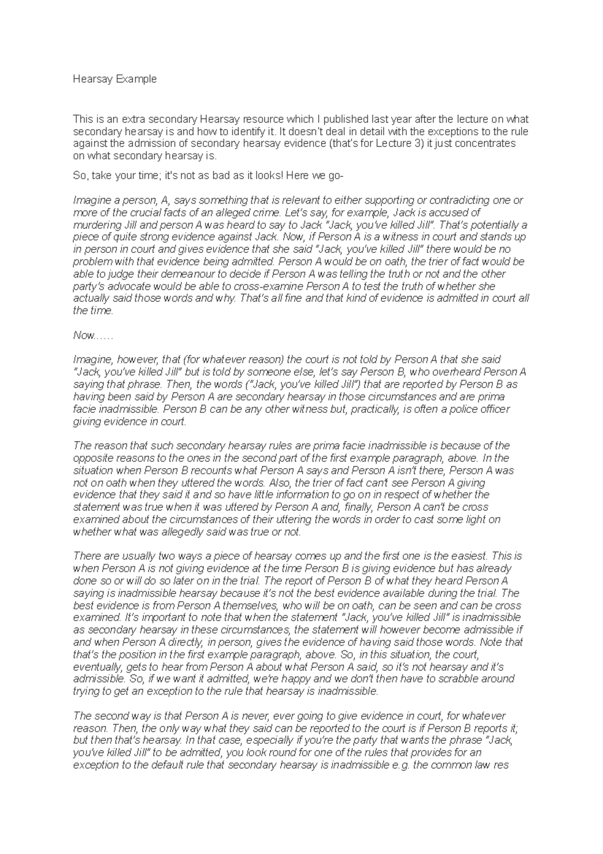 Hearsay example 20th January 21 - Hearsay Example This is an extra ...