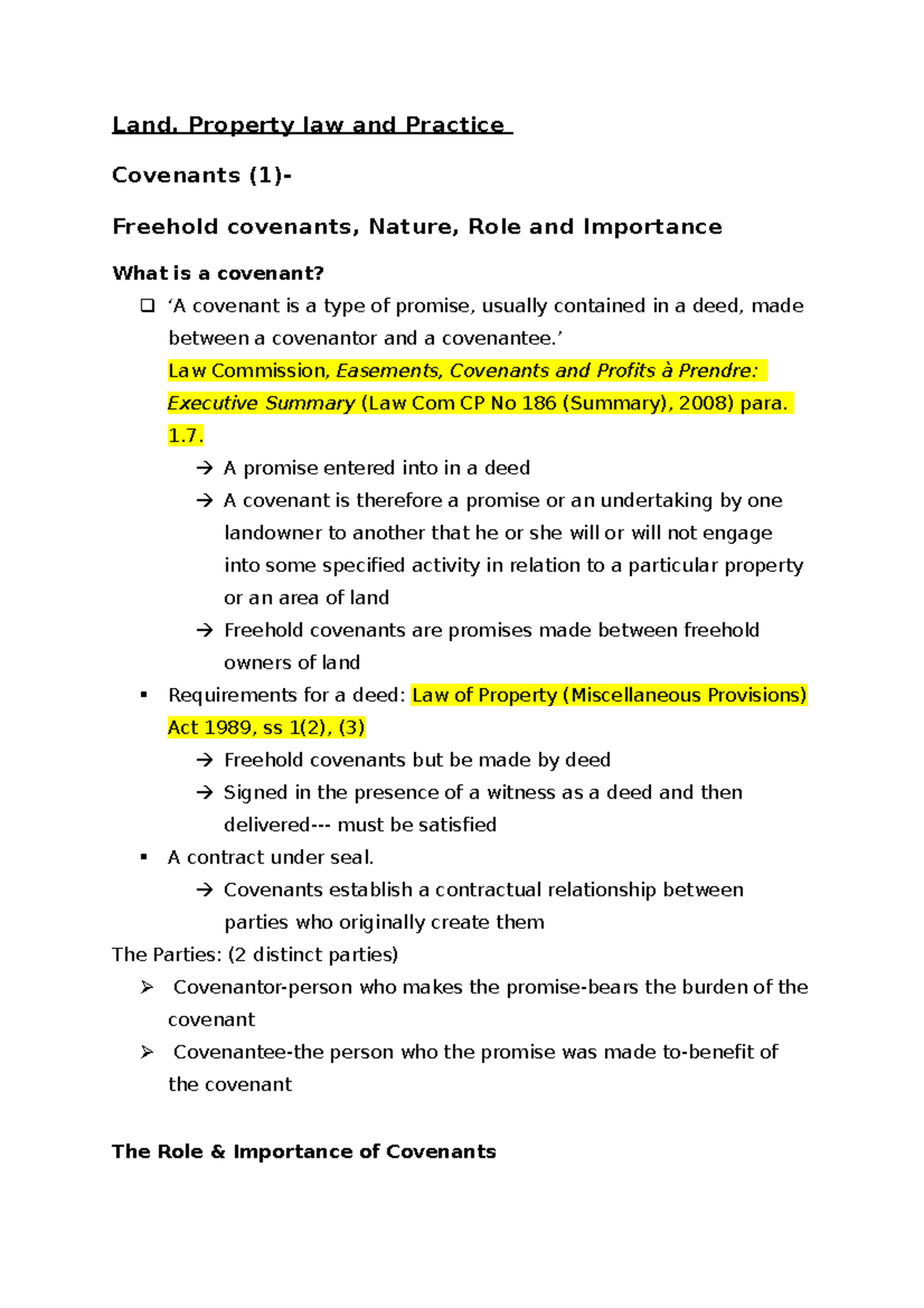 Landcovenants 1 Land, Property law and Practice Covenants (1