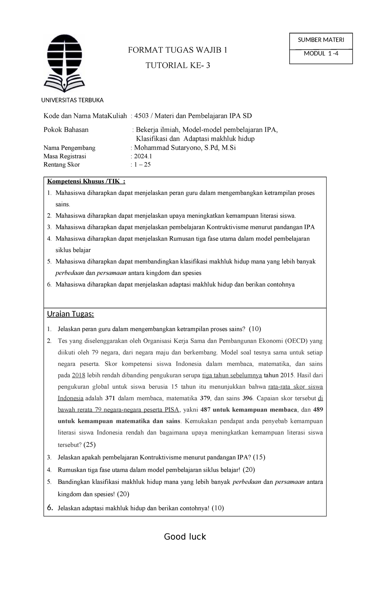 Soal PDGK 4503 Tugas Formatif 1 Materi Pembelajaran IPA - Kode dan Nama ...