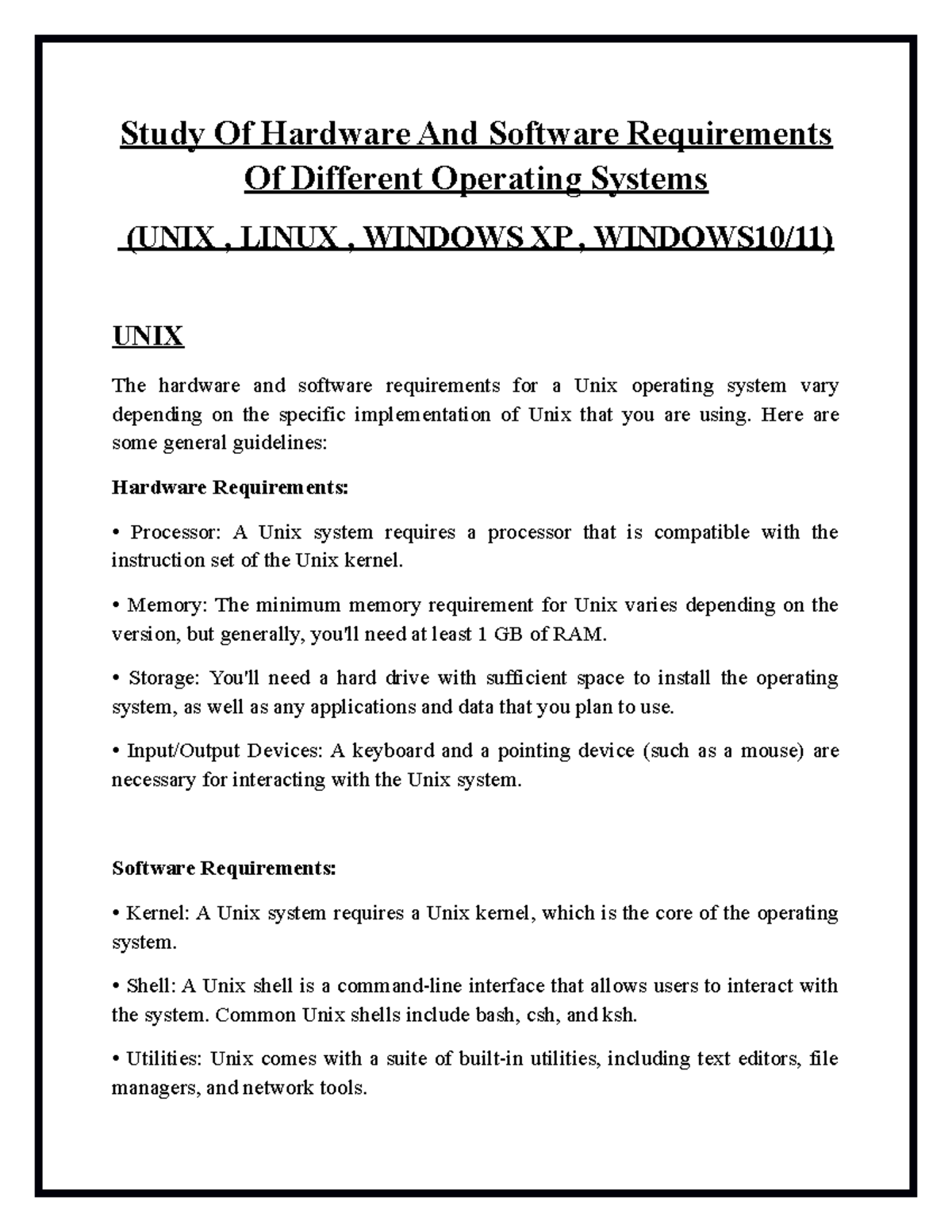 Exp1 OS Study Of Hardware And Software Requirements Of Different