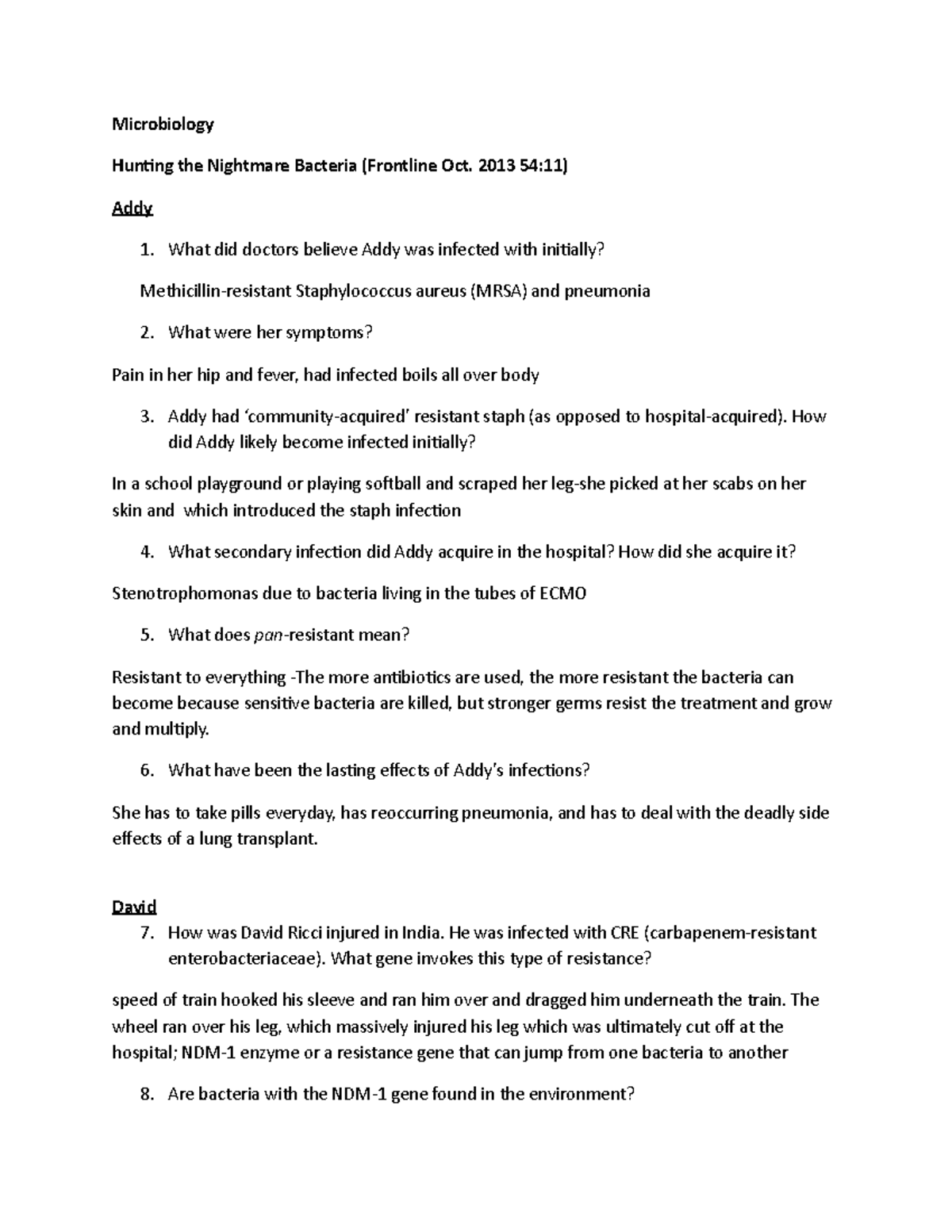 Nightmare Bacteria worksheet - Microbiology Hunting the Nightmare Bacteria  (Frontline Oct. 2013 - Studocu