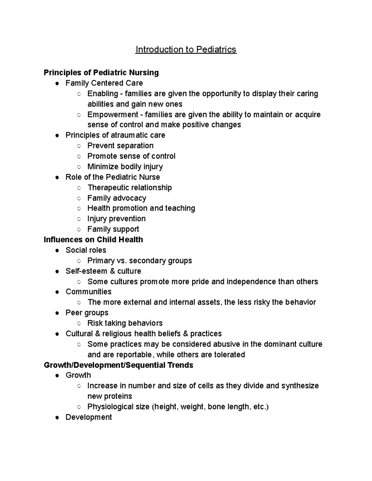 NUR230 Intro To Peds - Notes - Introduction To Pediatrics Principles Of ...