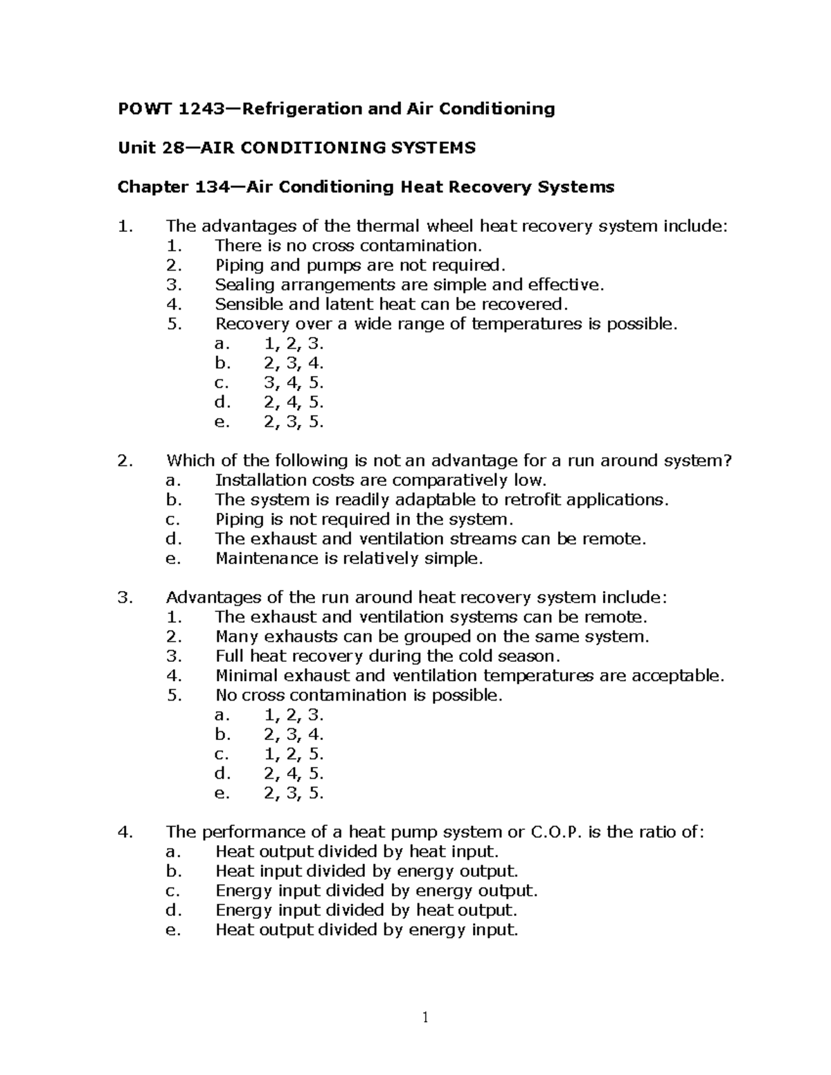 Exam 2014, questions POWT 1243—Refrigeration and Air Conditioning