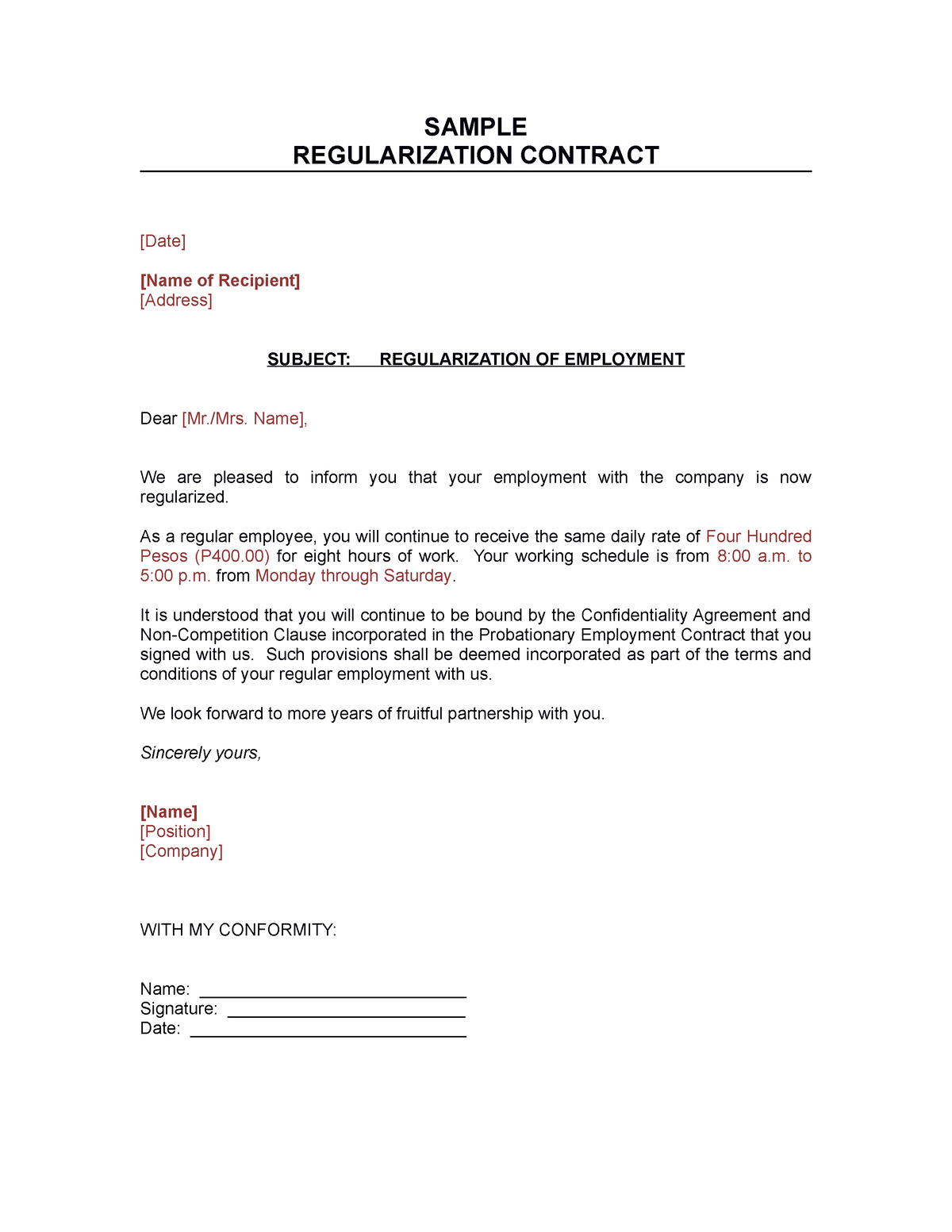 C0007 Regularization Contract without Salary Increase - SAMPLE ...