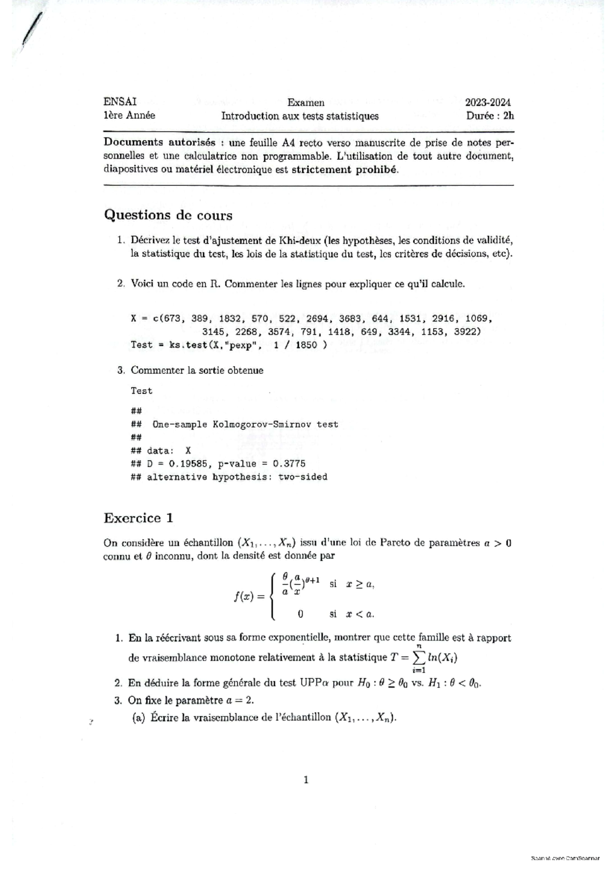 Examen sur les tests statistiques studocu