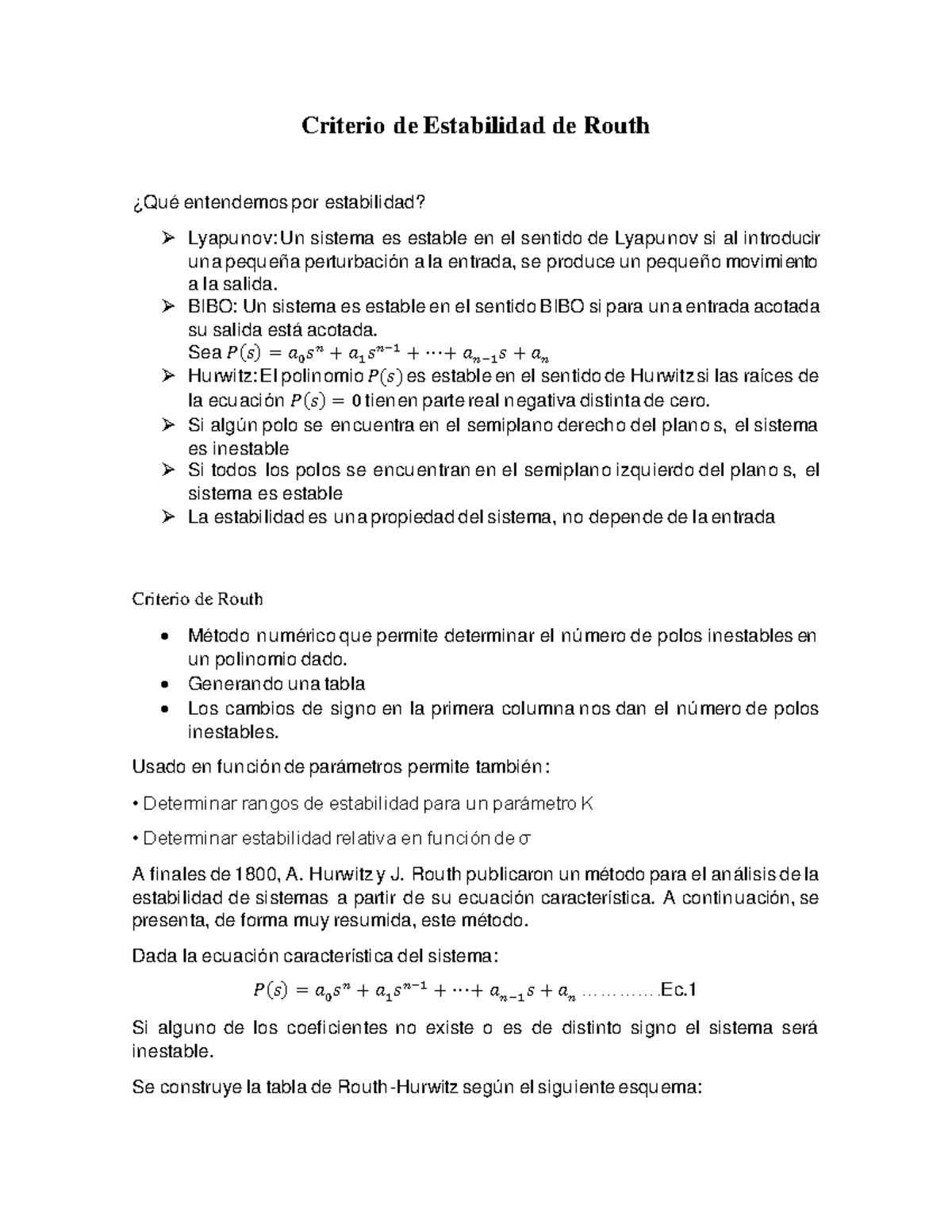 Routh principio Criterio de Estabilidad de Routh ¿Qué entendemos