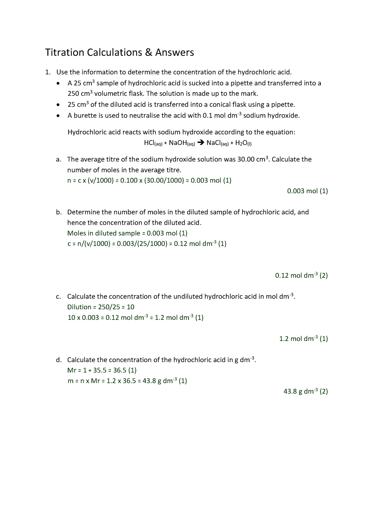 Titration calculations and answers - Titration Calculations & Answers 1 ...