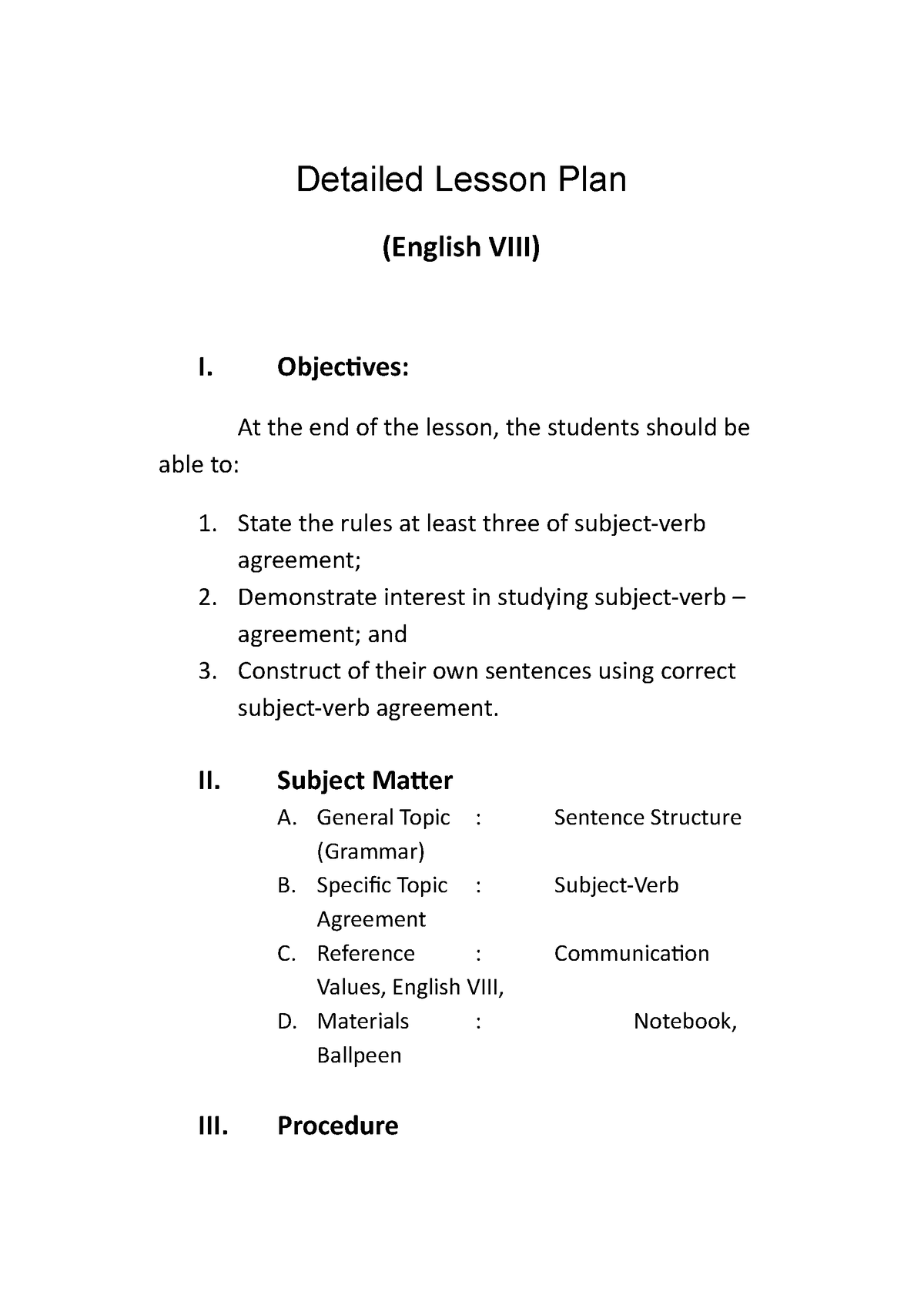 Detailed Lesson Plan To Help Other Detailed Lesson Plan English Viii I Objectives At The 7364