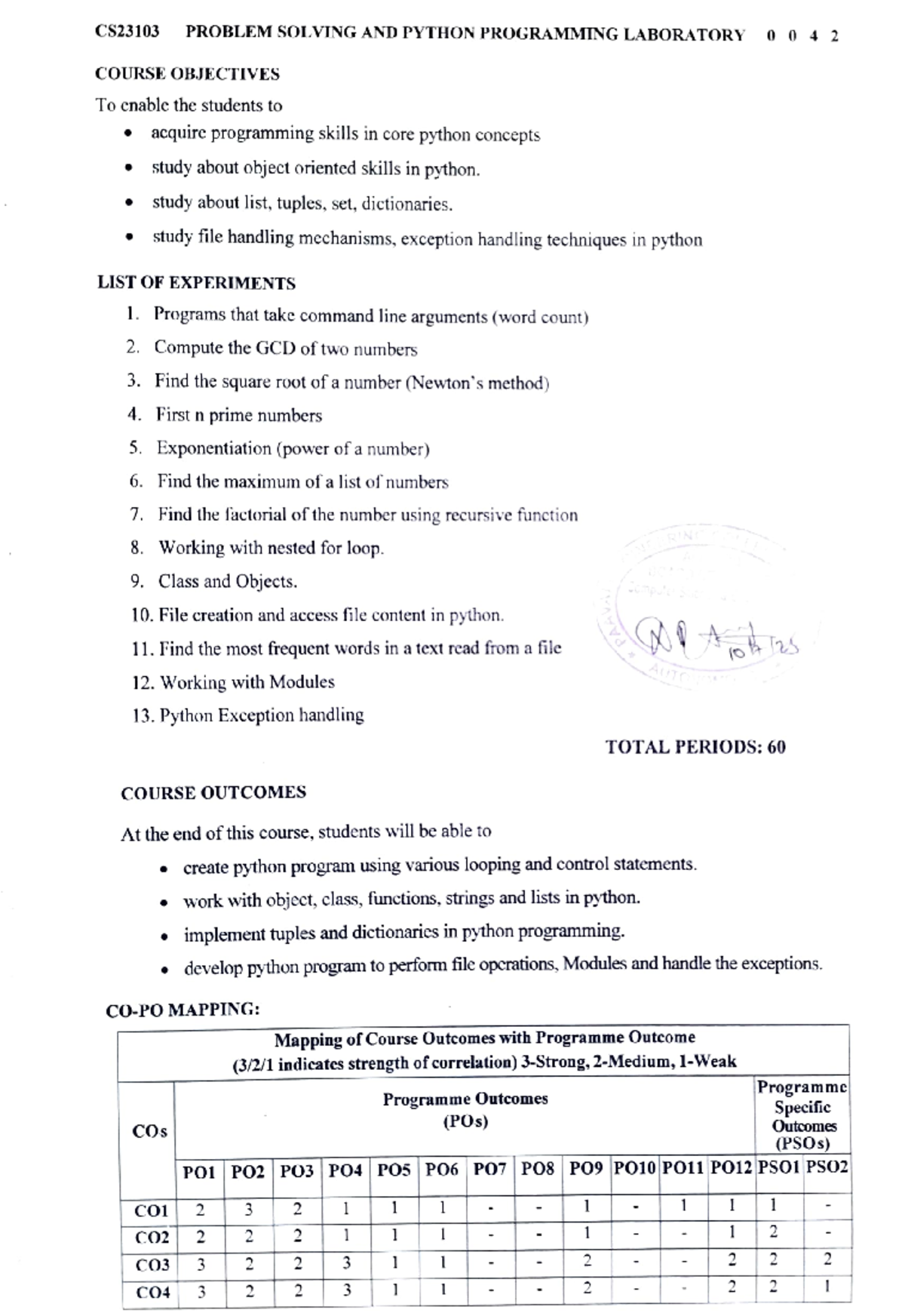 CS23103 - Problem Solving AND Python Programming Laboratory - CS COURSE ...