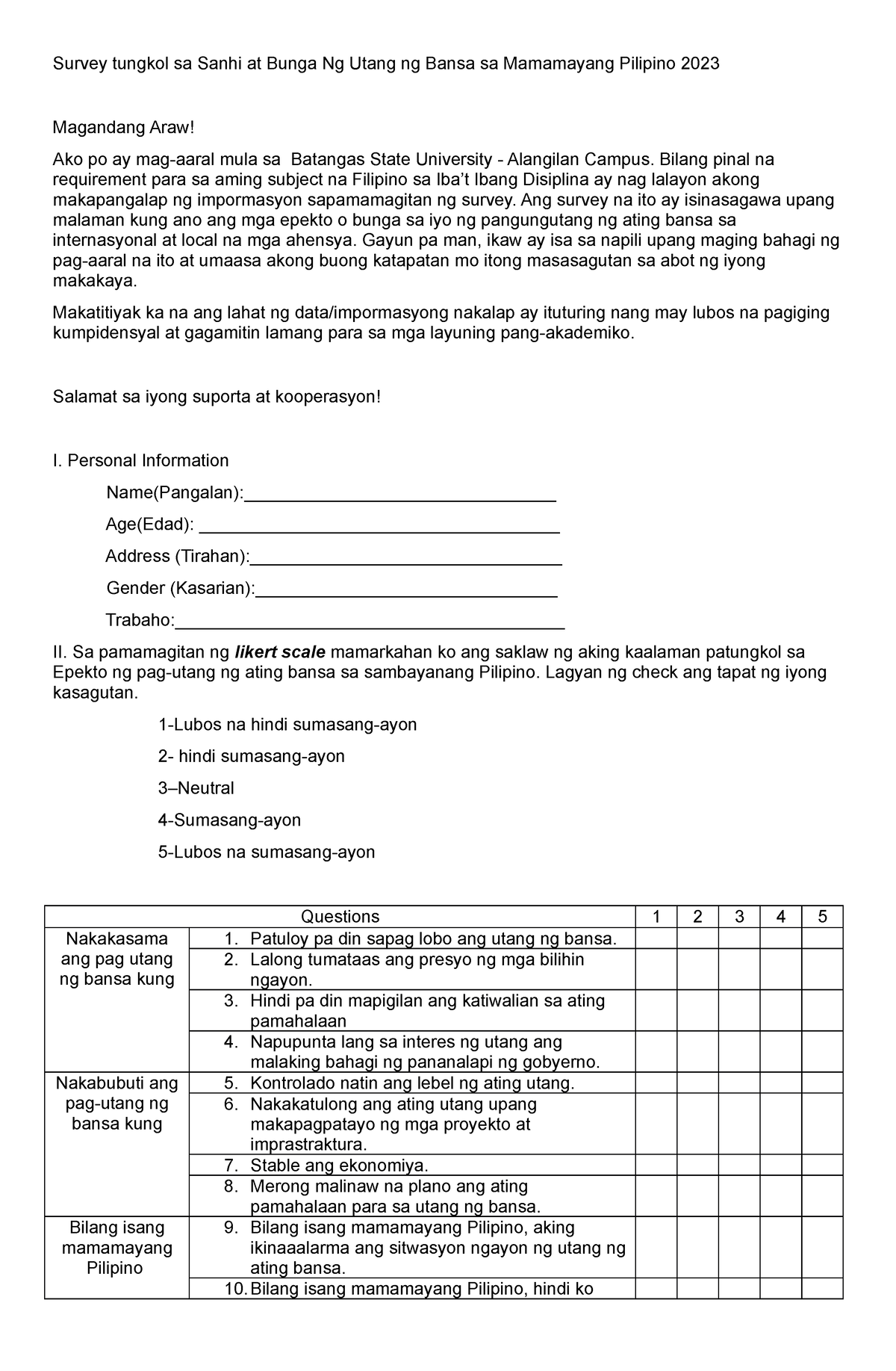 Halimbawa Ng Questionnaire Sa Pananaliksik Maikling K 4811