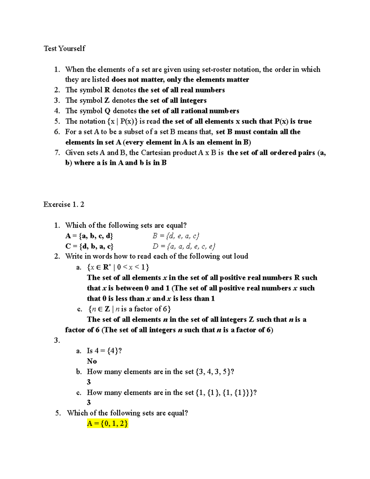 1.2 The Language Of Sets Exercises - Test Yourself When The Elements Of ...