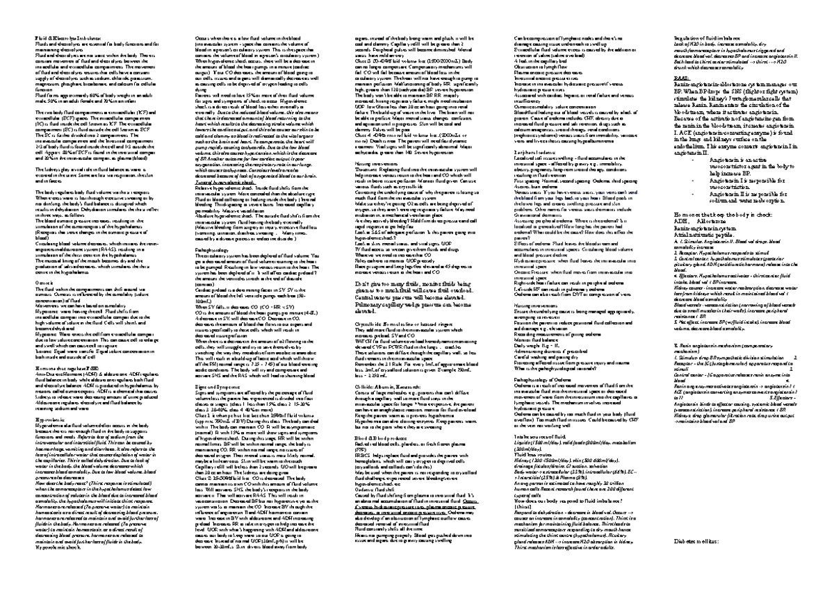 Cheat Sheet for Exam 1 - Fluid & Electrolyte Imbalance: Fluids and ...