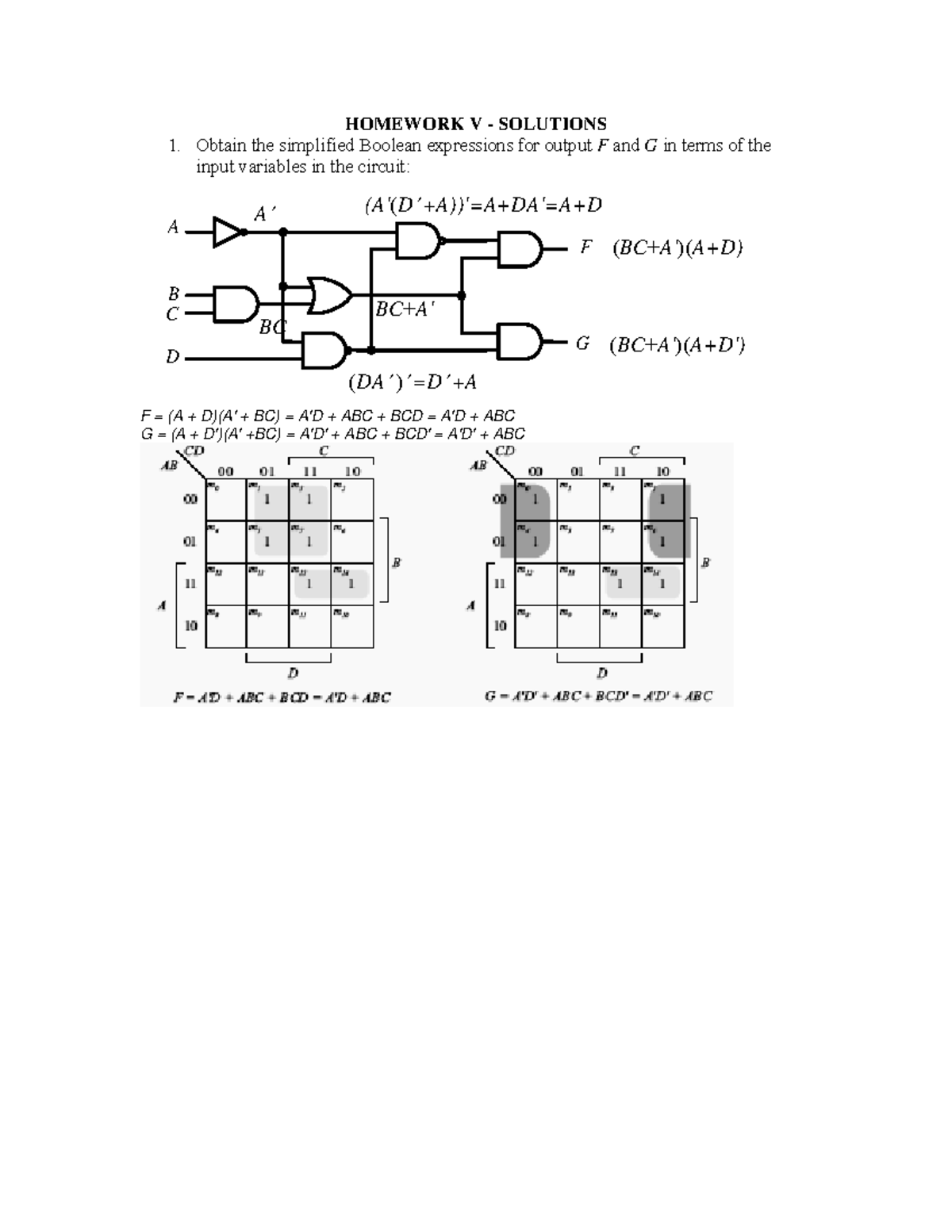 KMap-Logic Gate solutions - HOMEWORK V - SOLUTIONS Obtain the ...