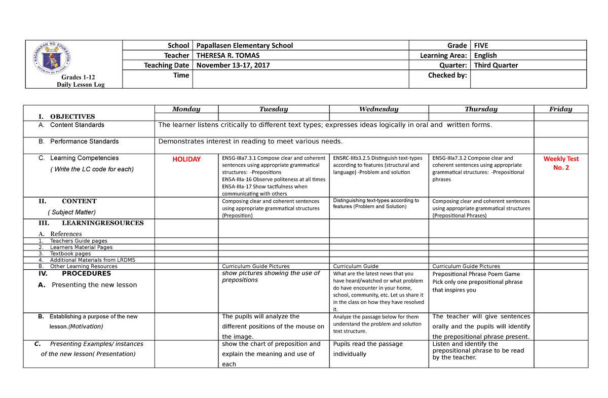 3rd Grading Dll Wek 2 - For Dll - Grades 1- Daily Lesson Log School ...