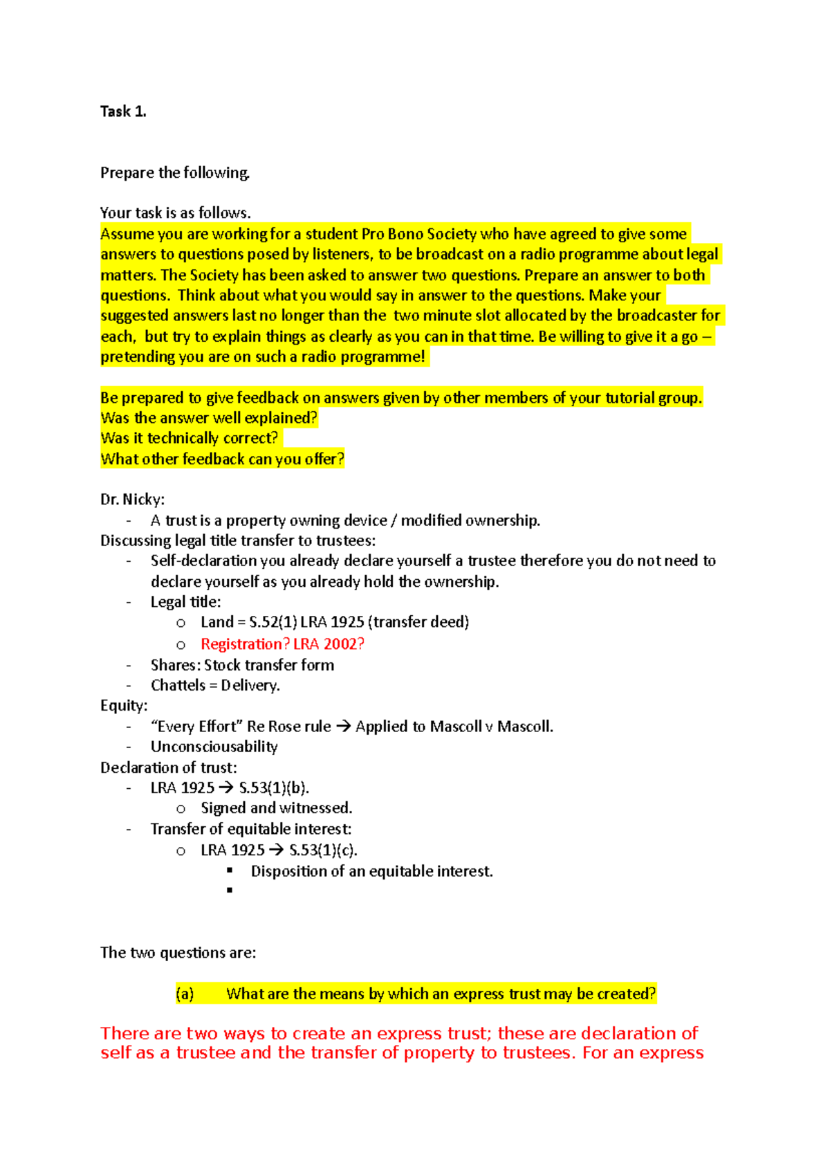 Tutorial 1 - Equity and Trusts - Task 1. Prepare the following. Your ...