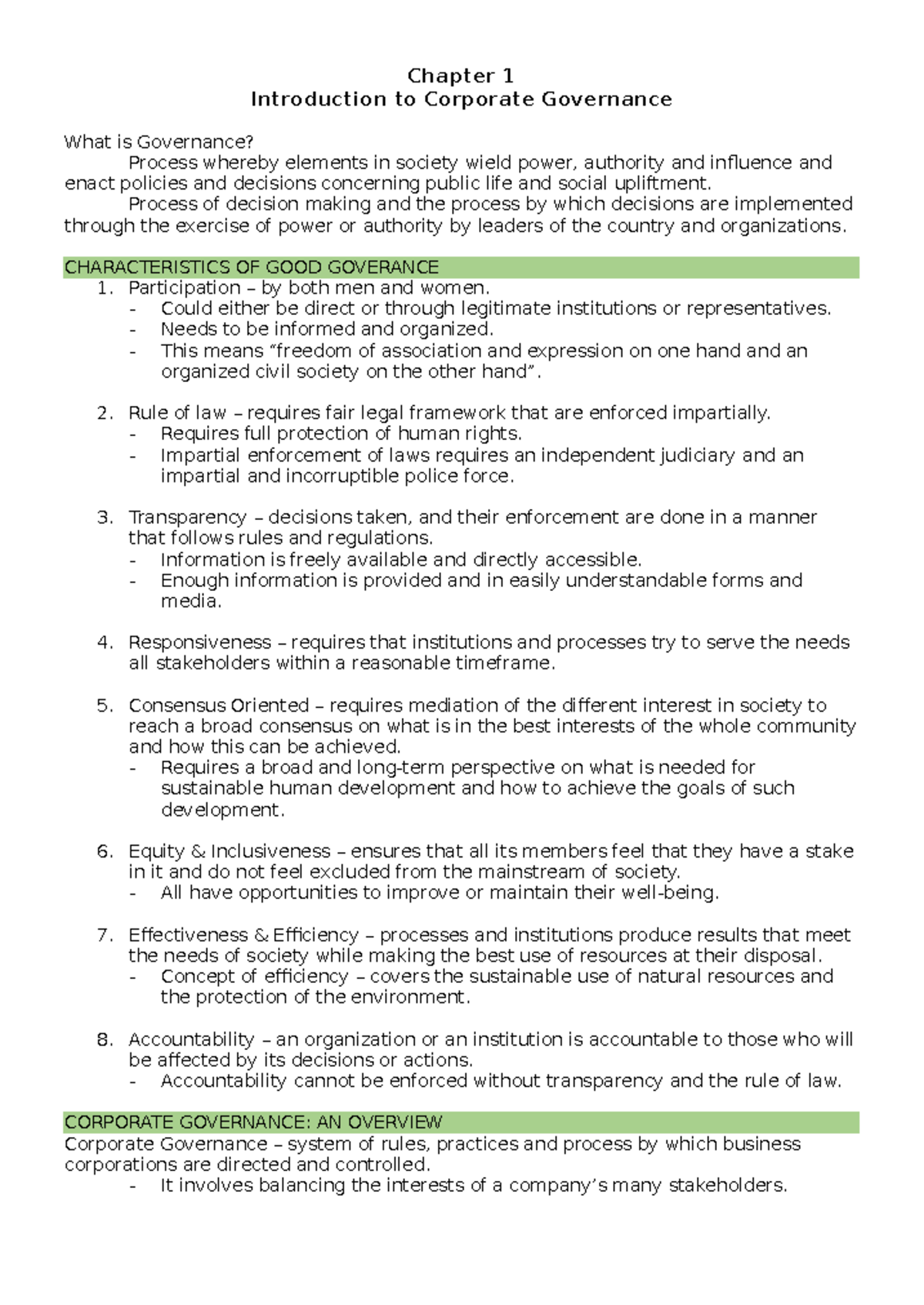 Good Governance - Chapter 1 Introduction to Corporate Governance What ...