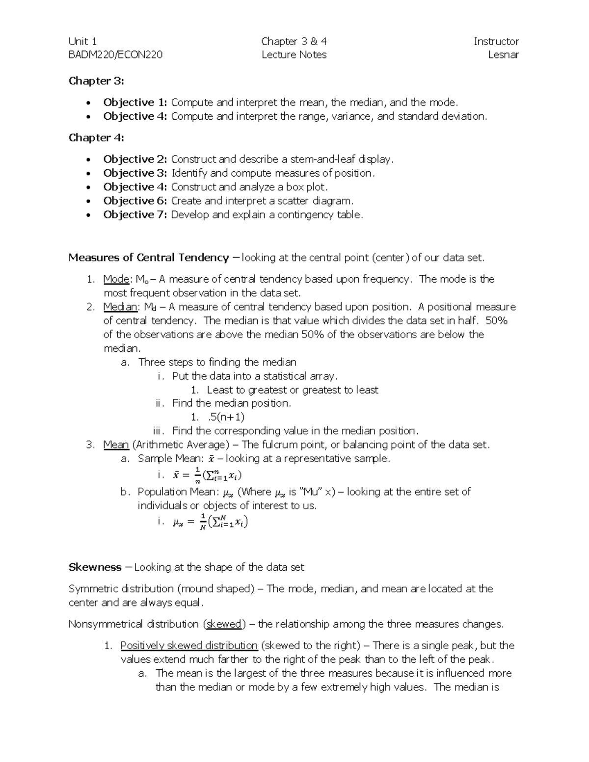 Unit 1 - Lecture 3 and 4 revised - BADM220/ECON220 Lecture Notes Lesnar ...