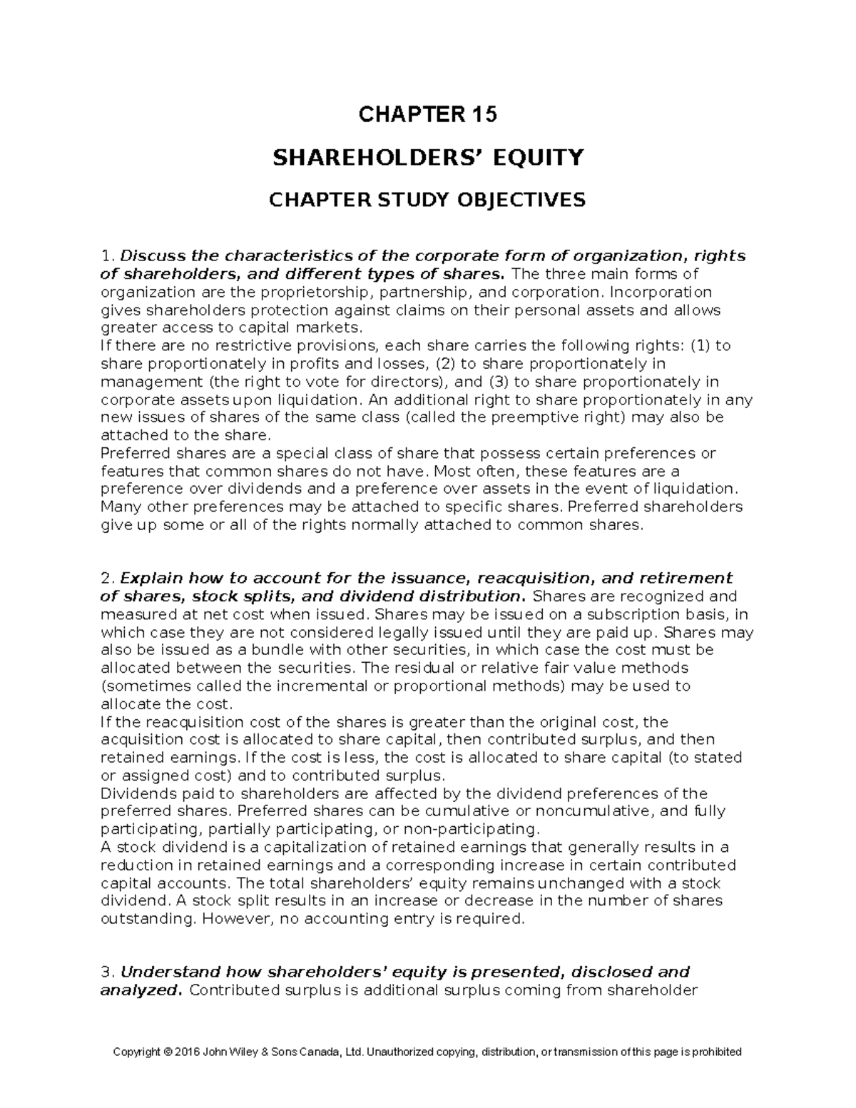 Ch15 - Accounting - CHAPTER 15 SHAREHOLDERS’ EQUITY CHAPTER STUDY ...