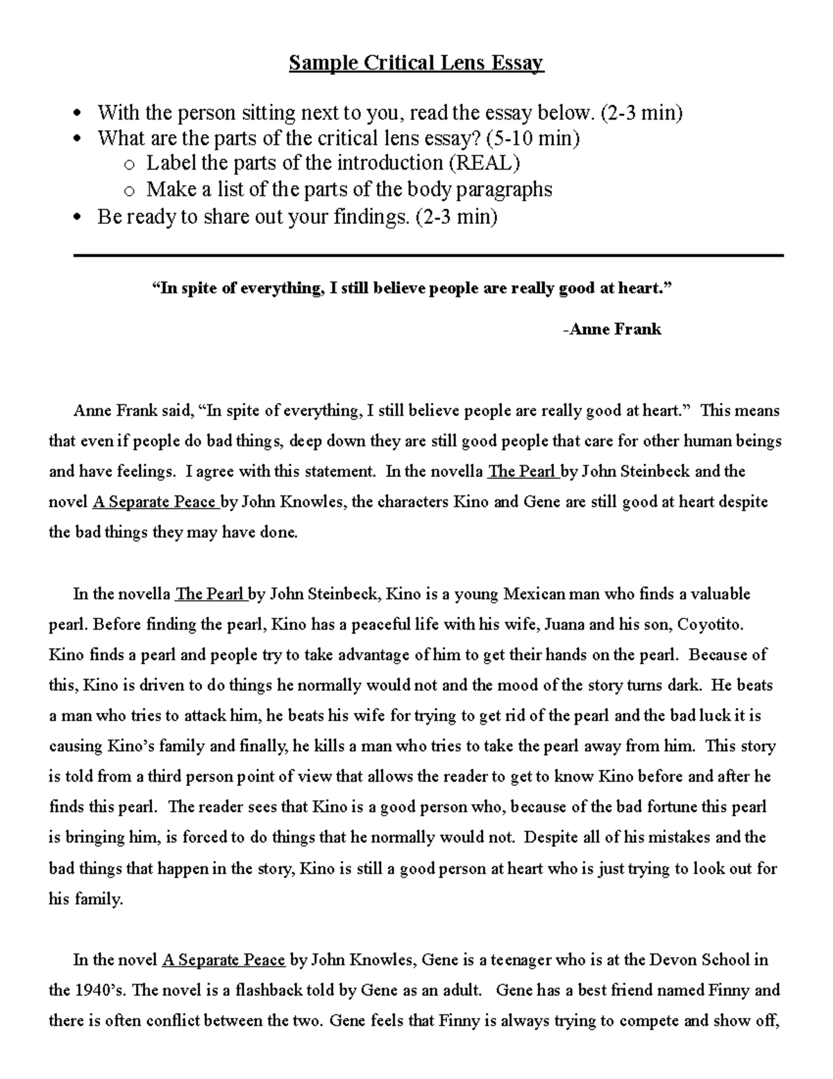 Sample Critical Lens Essay Sample Critical Lens Essay With The Person