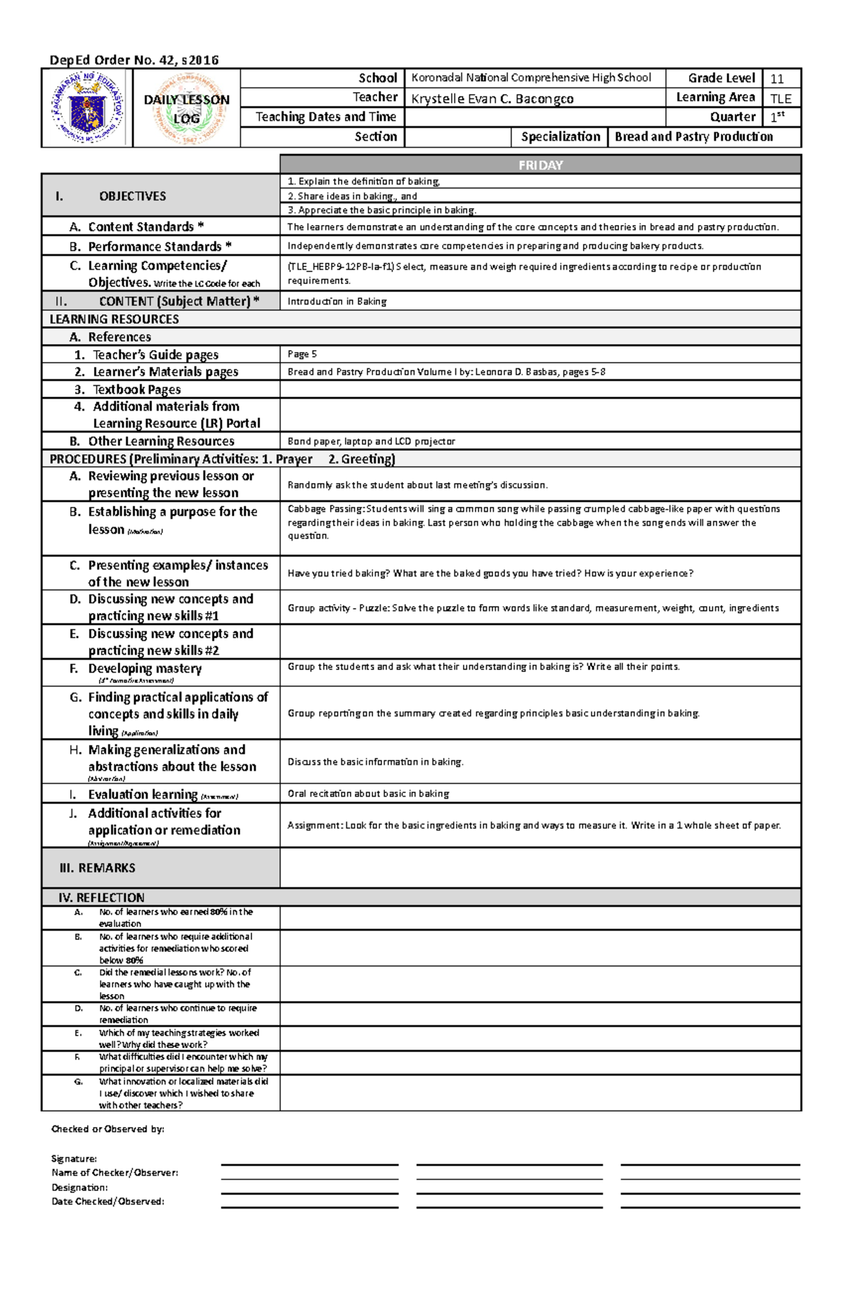 2- introducion to baking - DepEd Order No. 42, s DAILY LESSON LOG ...