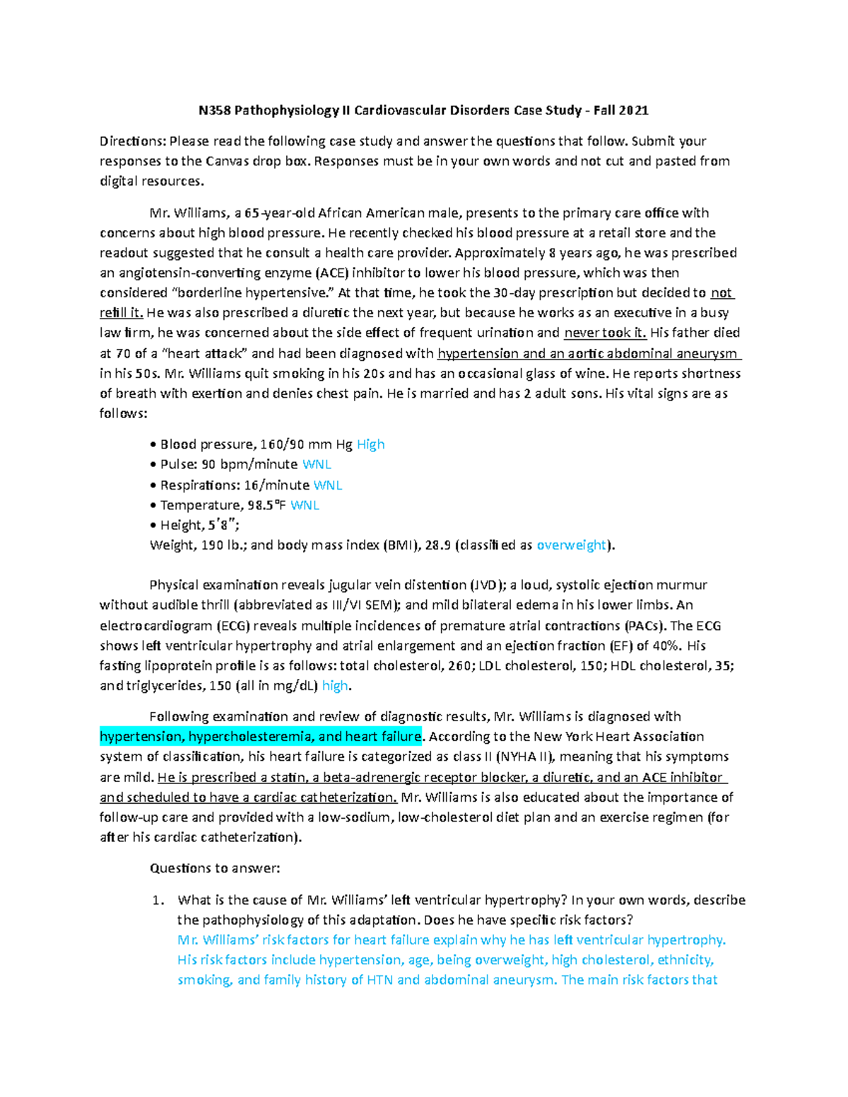 Patho Cardiac Case Study - N358 Pathophysiology II Cardiovascular ...