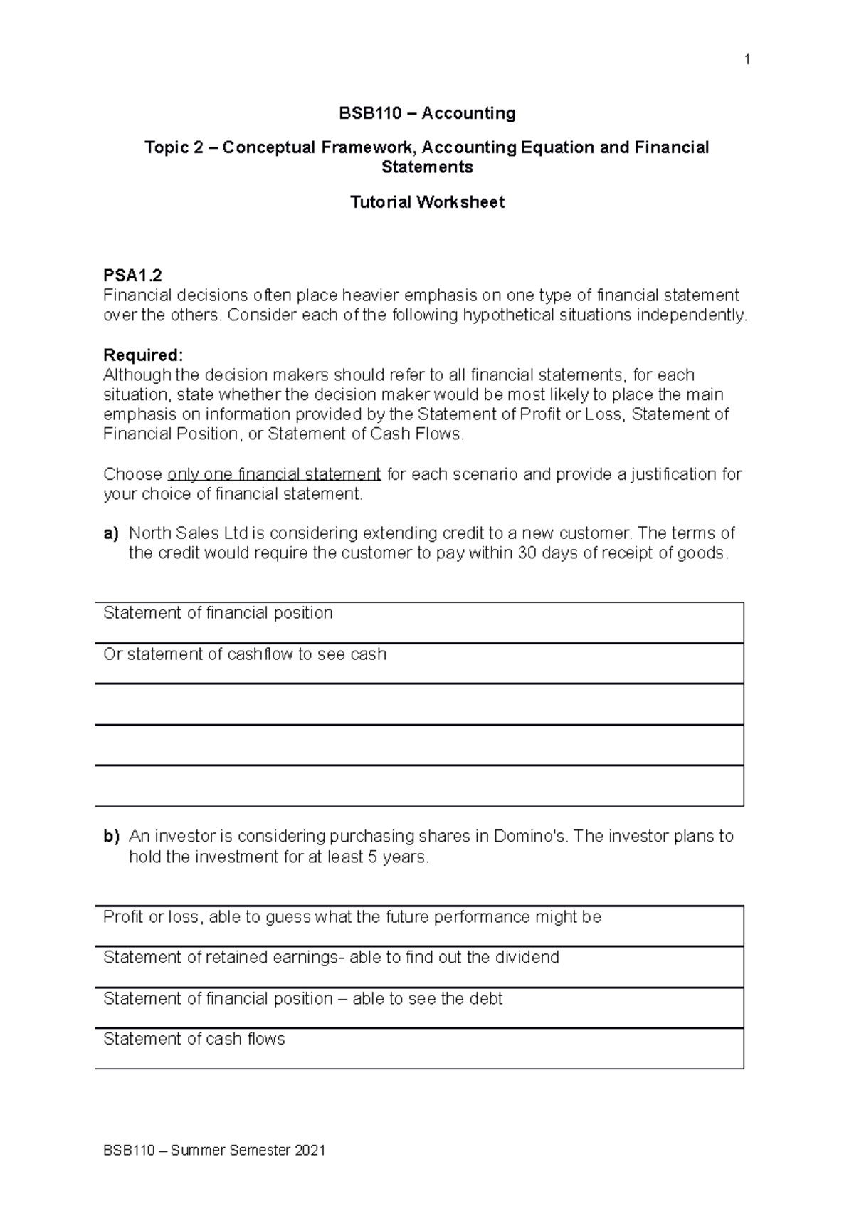 Topic 2 - Tutorial - Worksheet - 29 - BSB110 – Accounting Topic 2 ...