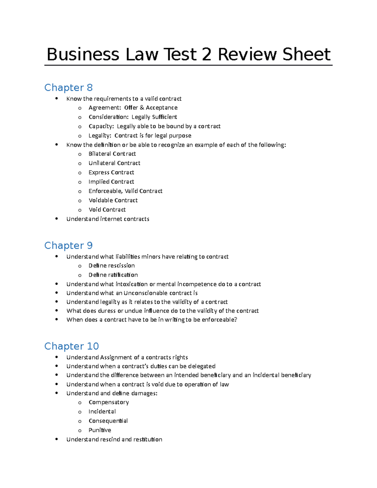 Business Law Test 2 Review Sheet - Business Law Test 2 Review Sheet ...