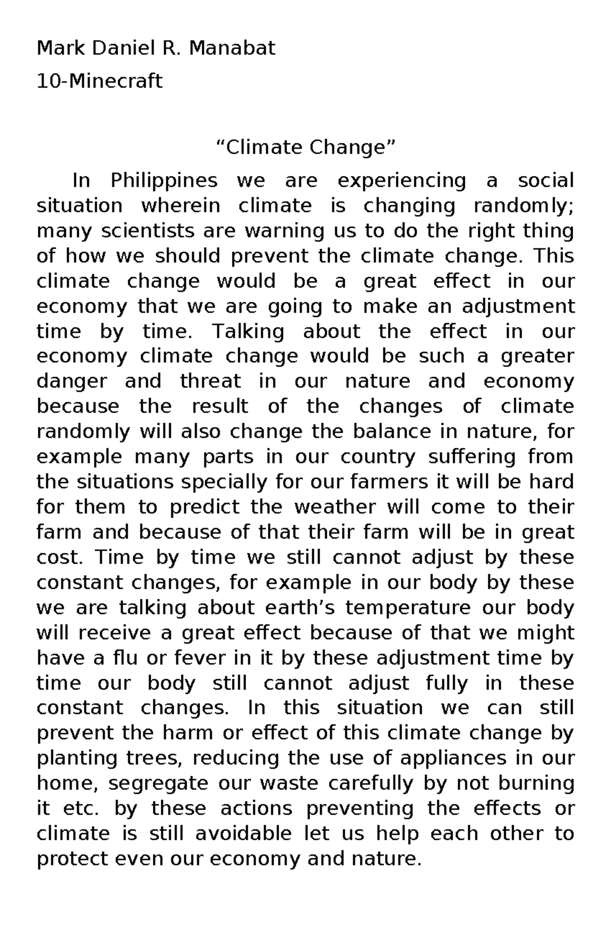 Argumentative english - Mark Daniel R. Manabat 10-Minecraft “Climate ...