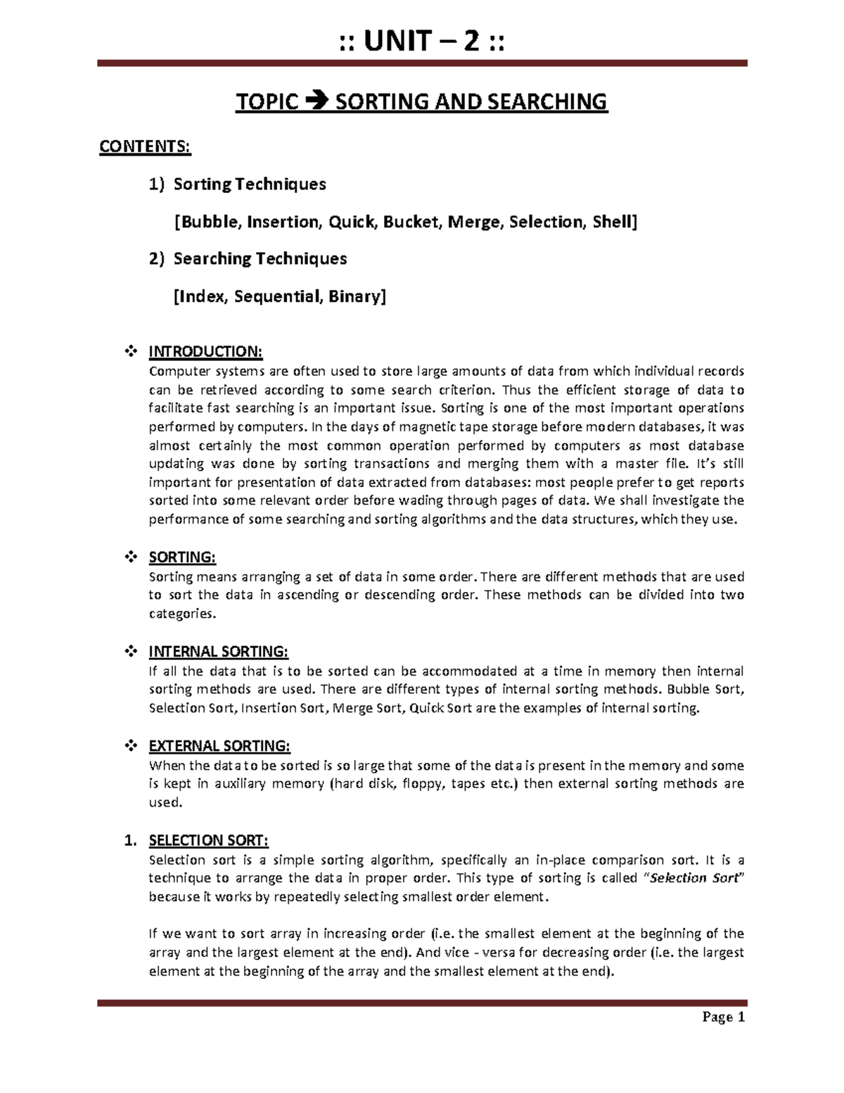 3. Sorting Searching - Notes - TOPIC SORTING AND SEARCHING CONTENTS: 1 ...