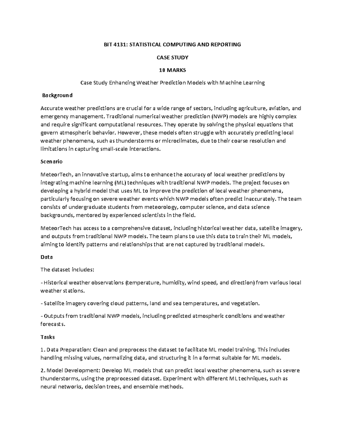 Case study -29.2.24 - Notes - BIT 4131 : STATISTICAL COMPUTING AND ...