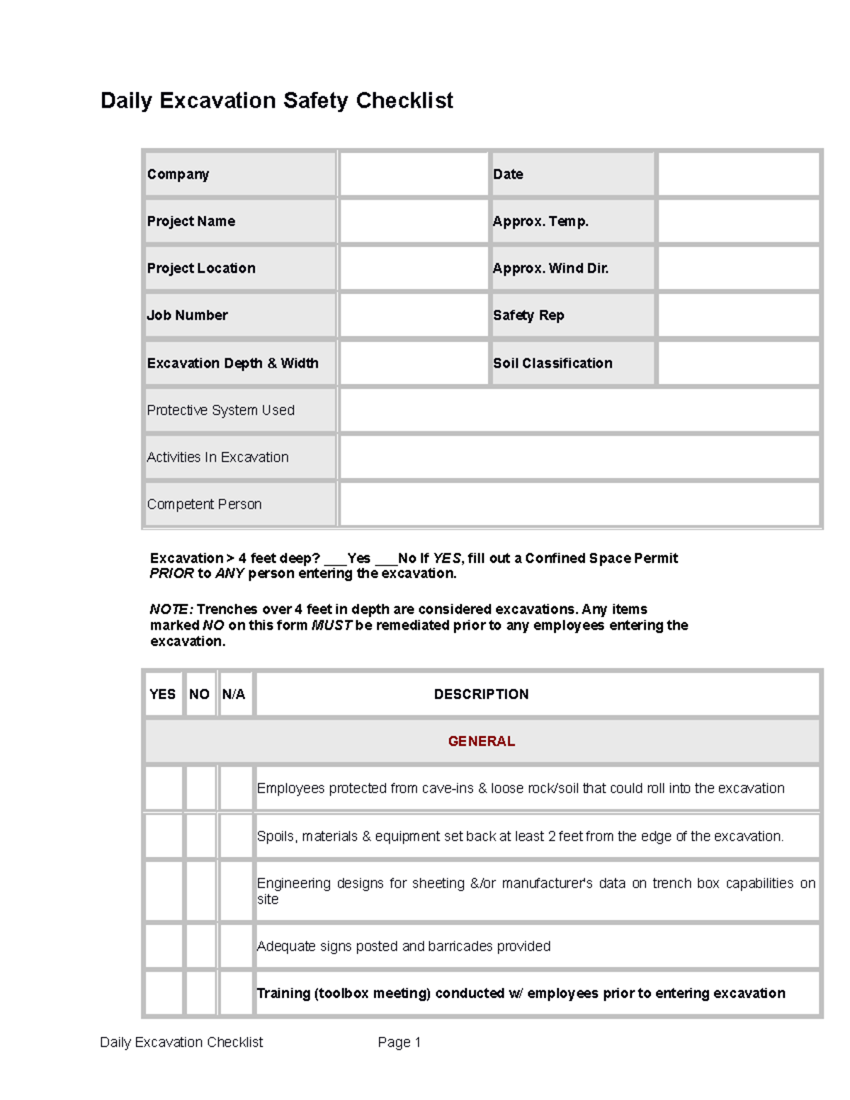 Daily Excavation Safety Checklist - Daily Excavation Safety Checklist ...