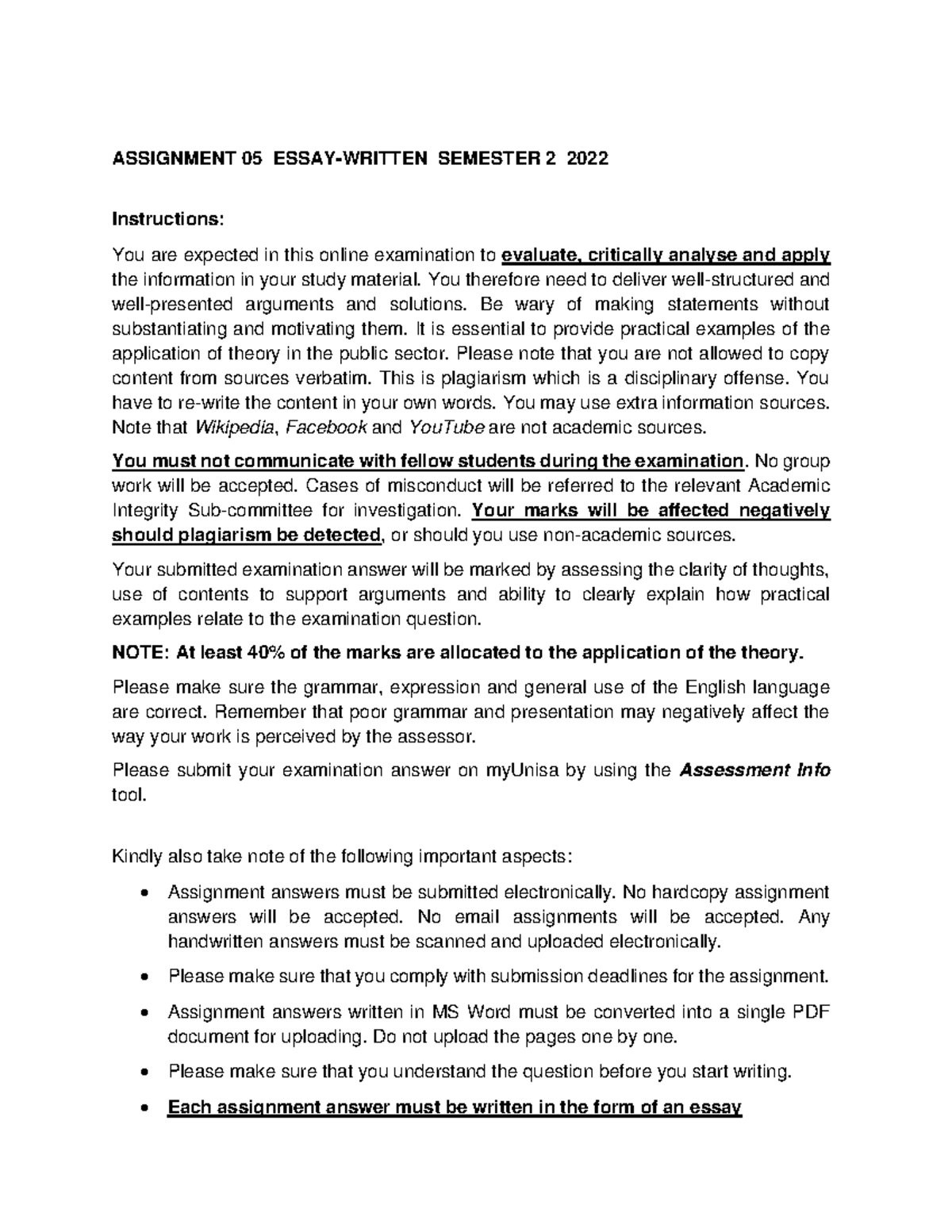 PUB3716 Assessment 05 for semester 2 2022 - ASSIGNMENT 05 ESSAY-WRITTEN ...