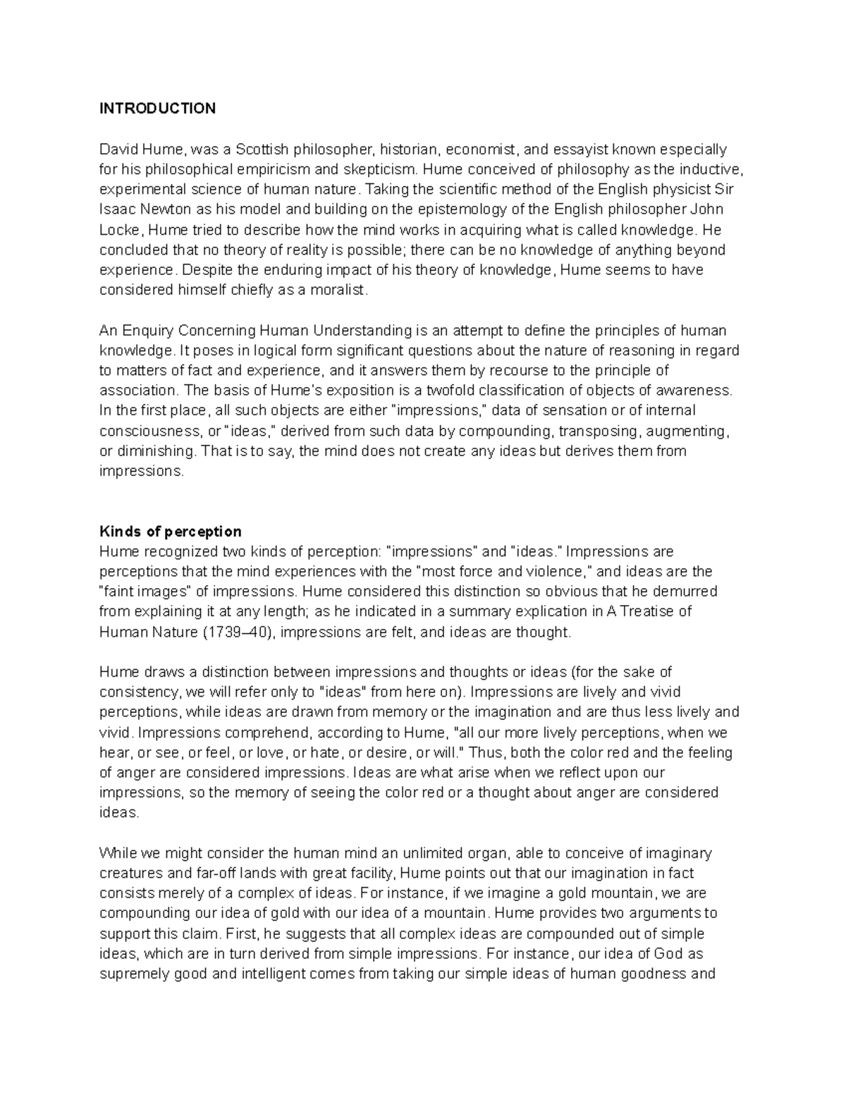 5. Hume ideas and impressions INTRODUCTION David Hume, was a