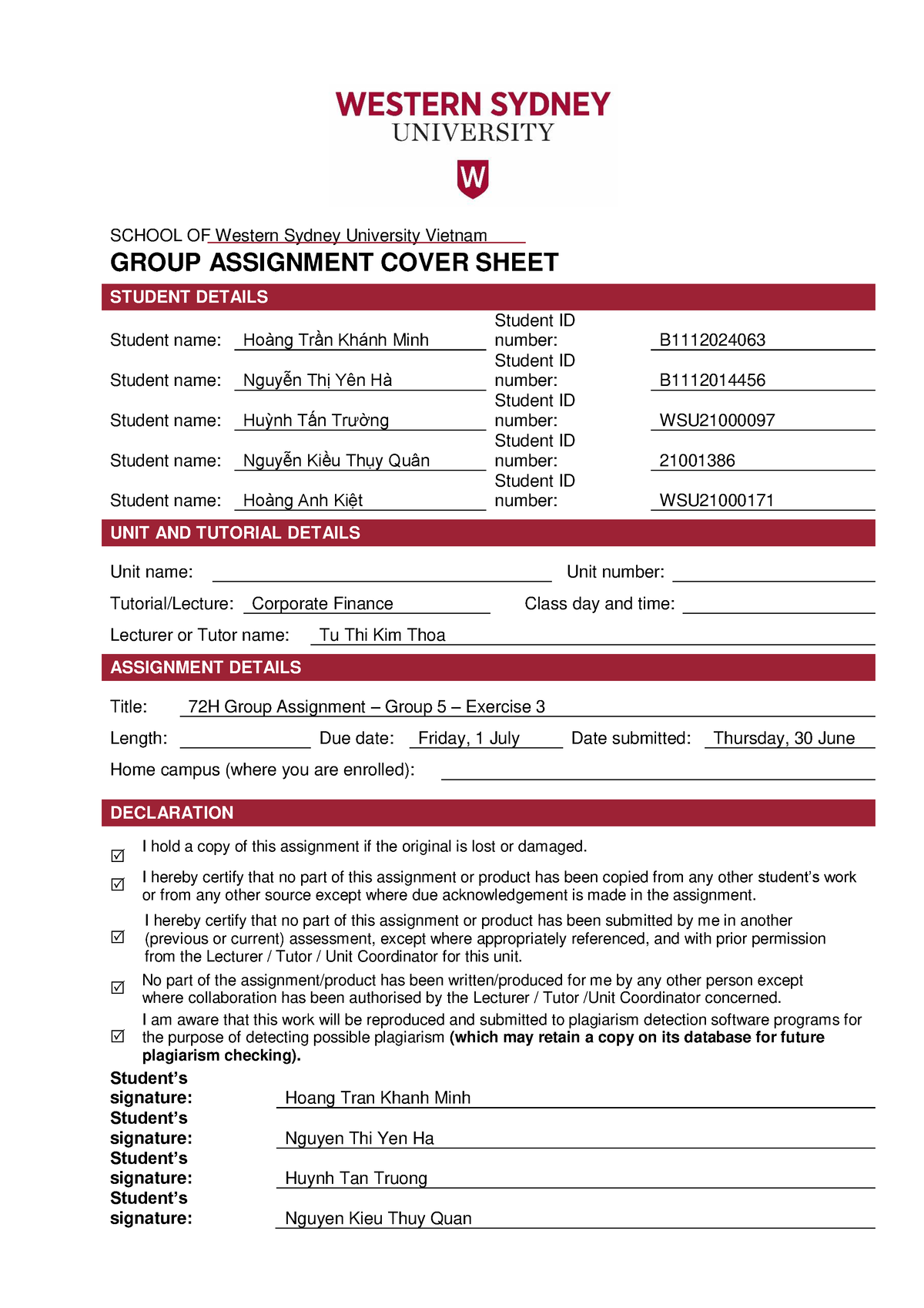 western sydney university assignment cover sheet