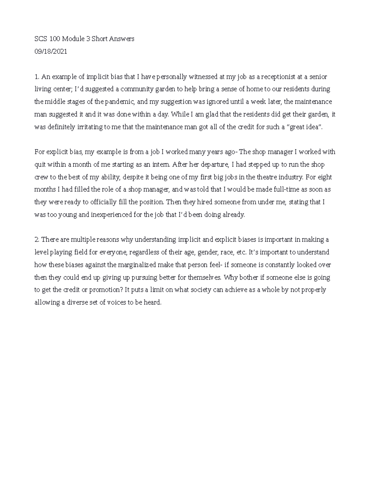 SCS 100 Module 3 Biases Short Answer - SCS 100 Module 3 Short Answers ...
