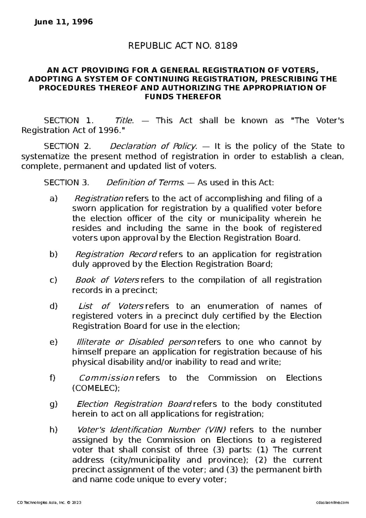 641141996Voter s Registration Act of 199620230303121woytsq June 11, 1996 REPUBLIC ACT NO