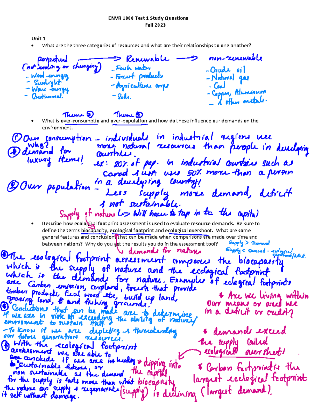 EER1000 UNIT 1 - Prep - ENVR 1000 Test 1 Study Questions Fall 2023 Unit ...