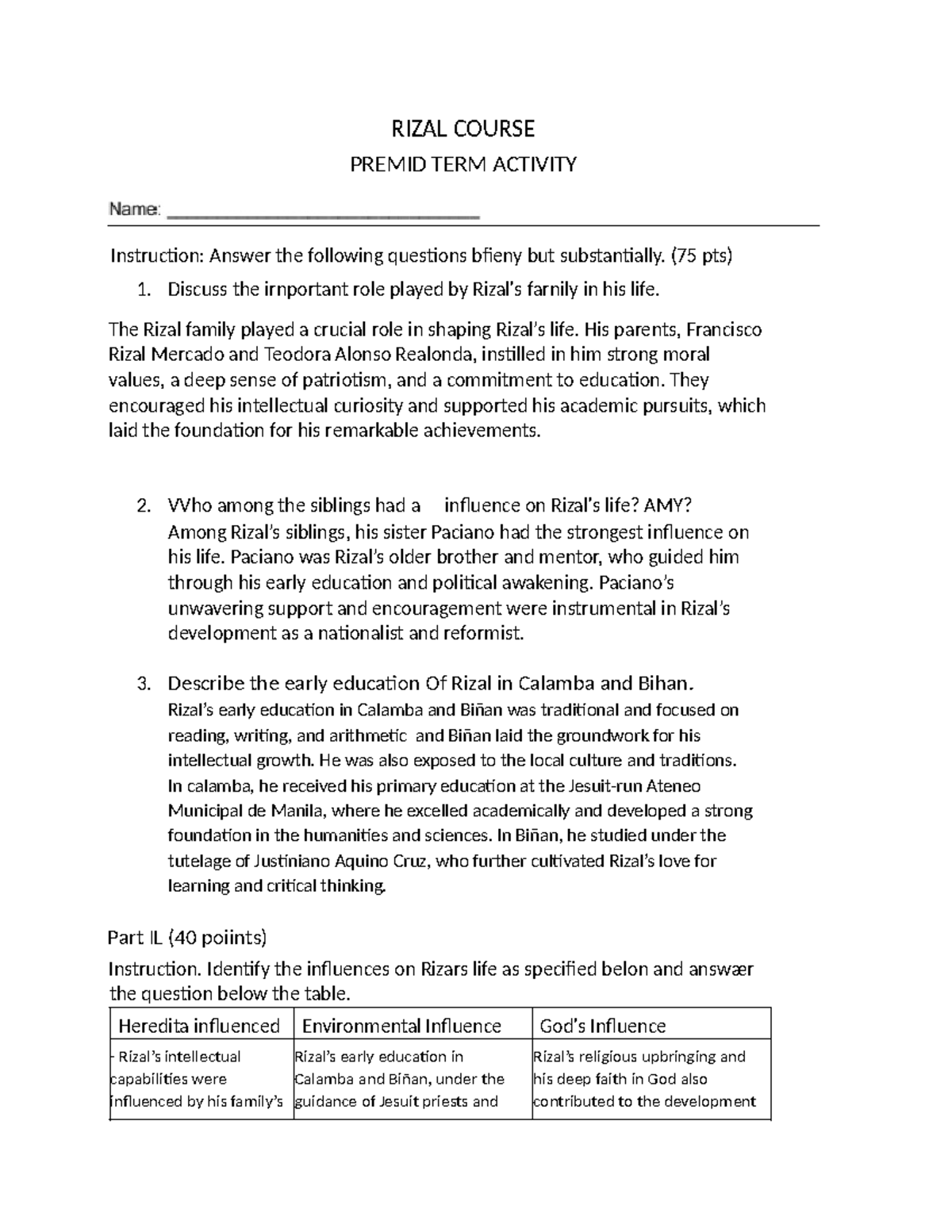 Print - RIZAL COURSE PREMID TERM ACTIVITY Instruction: Answer the ...