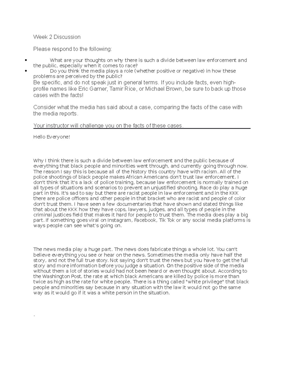 Week 2 Discussion CRJ 100 - Week 2 Discussion Please respond to the ...