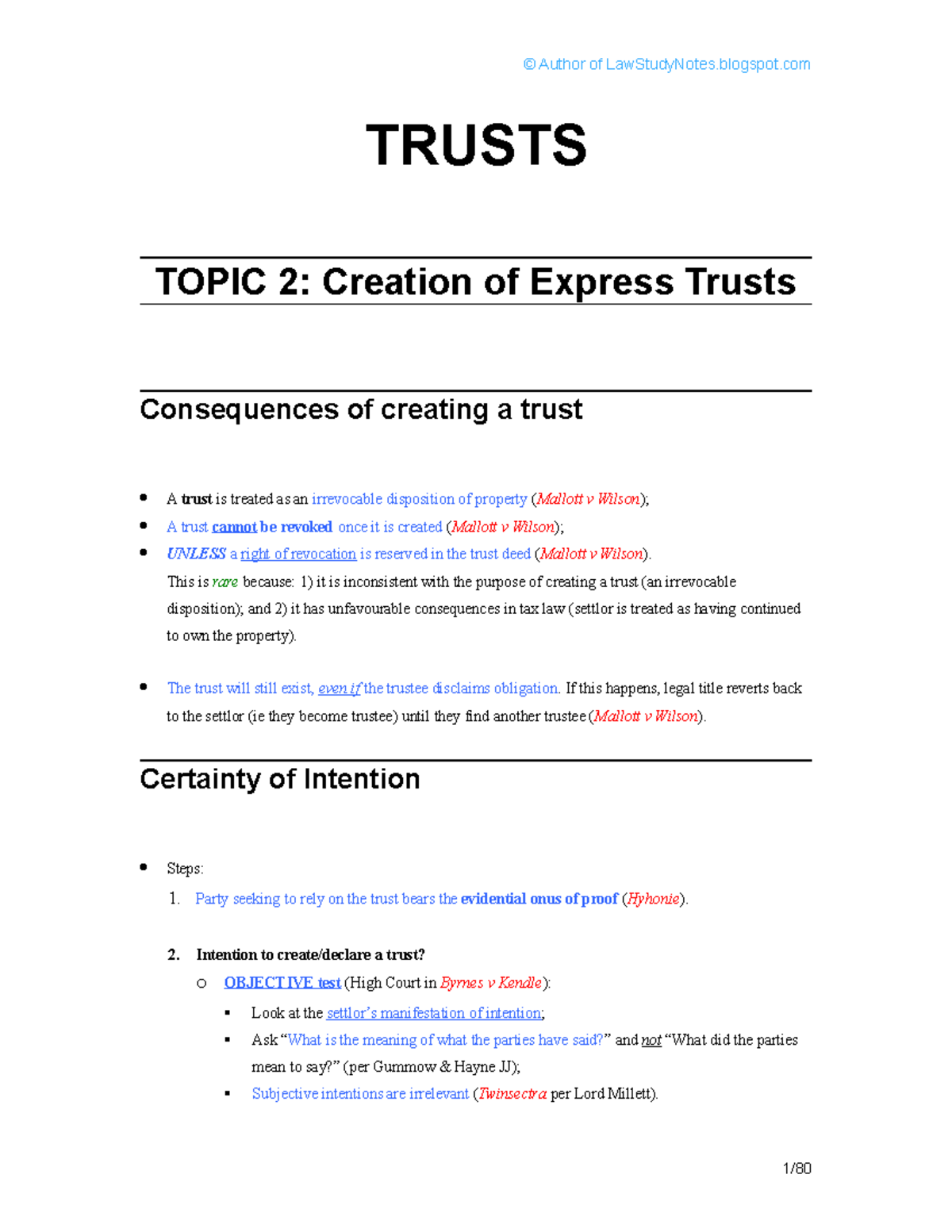 LAW4170 Trusts - Notes - TRUSTS TOPIC 2: Creation Of Express Trusts ...