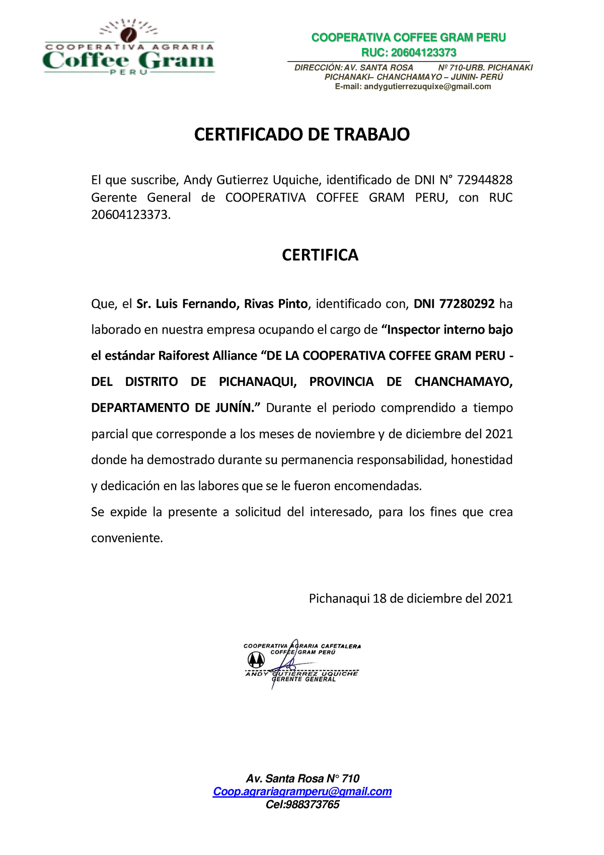 Certificado DE Trabajo Coffee GRAM - CERTIFICADO DE TRABAJO El que ...