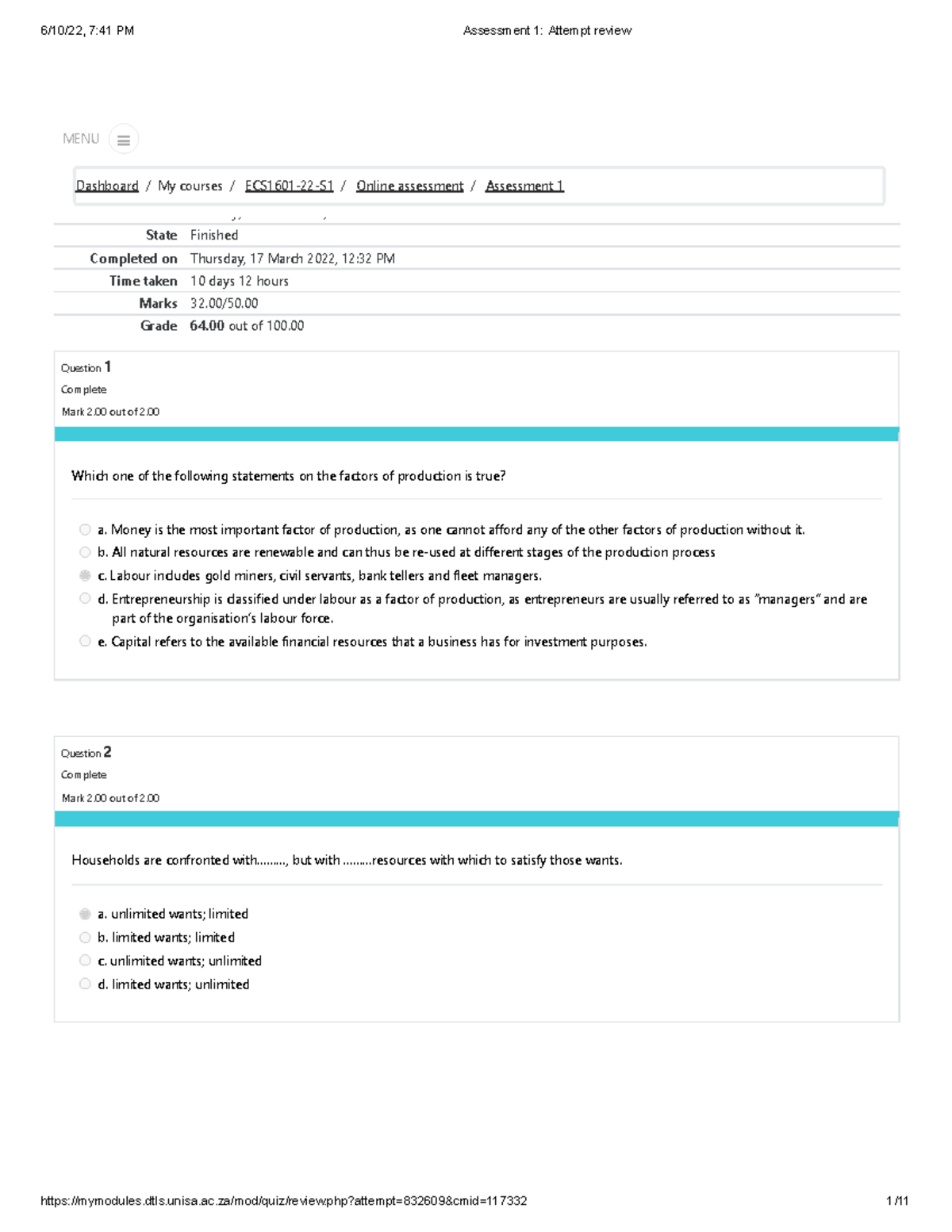 Assessment 1 Attempt review - Started on Monday, 7 March 2022, 12:31 AM ...