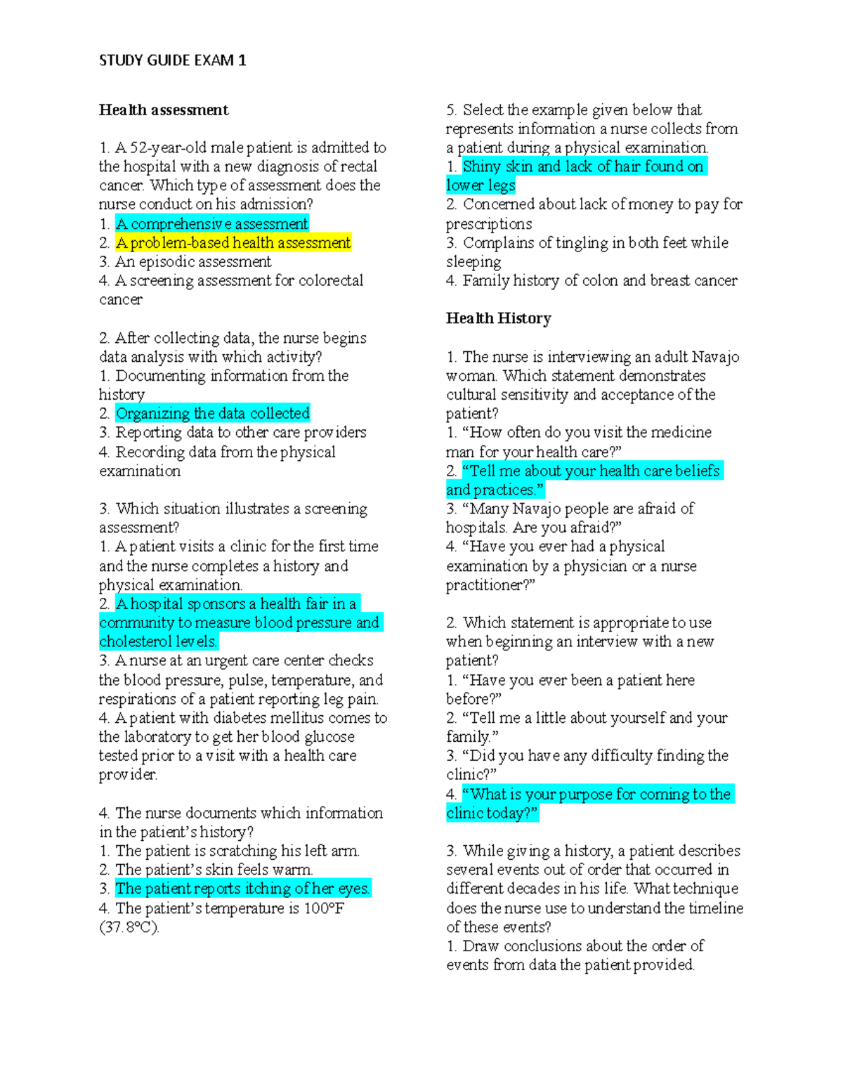 Study Guide EXAM 1-1 - Health Assessment A 52-year-old Male Patient Is ...