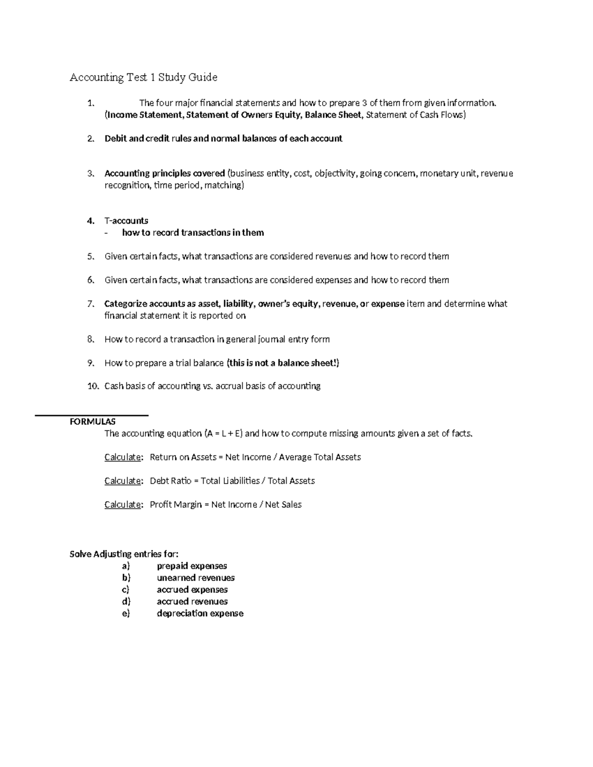 Accounting test 1 study guide - Accounting Test 1 Study Guide The four ...